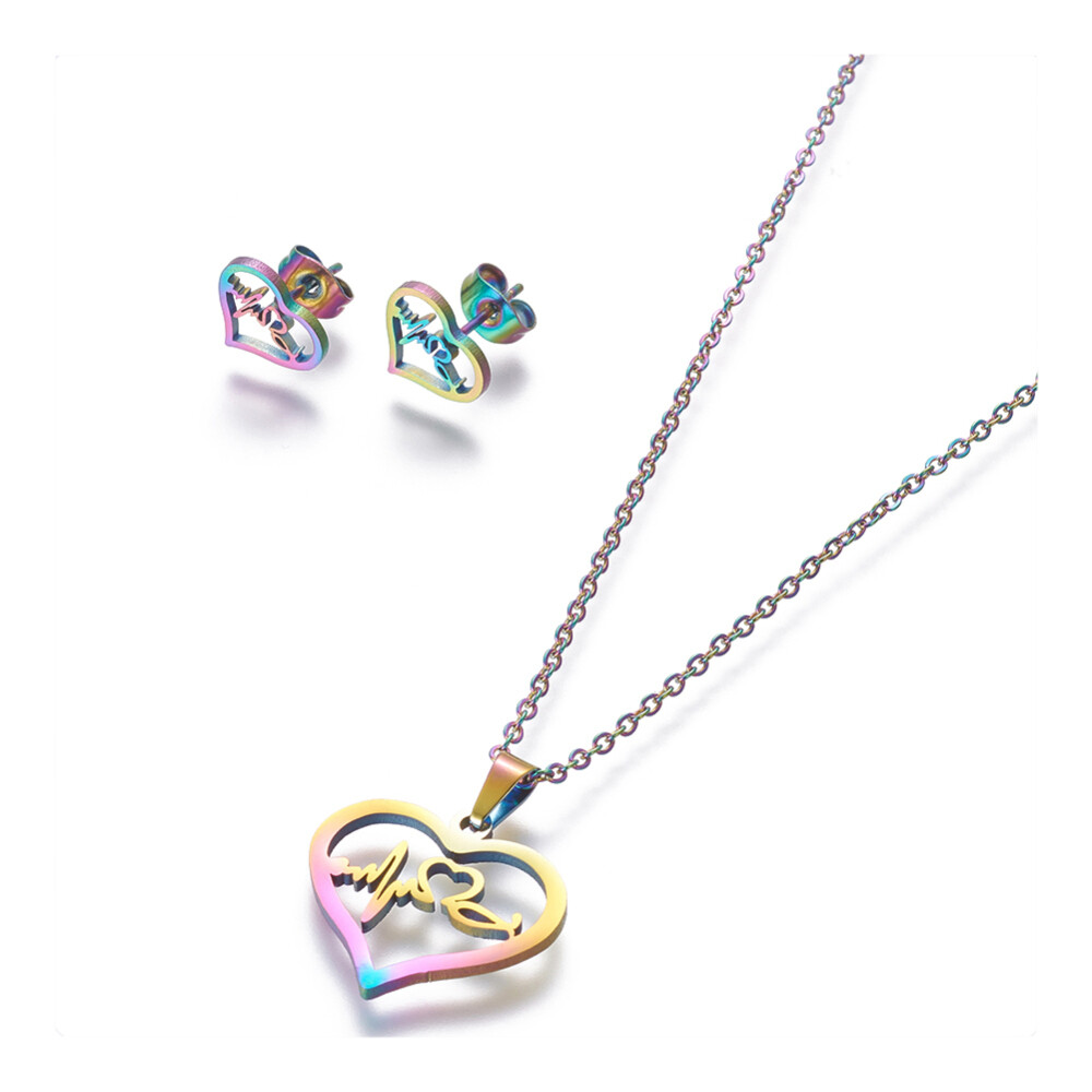 Stainless Steel Set Stud Earring Pendant Necklace Heart 17.7″ Pin 0.8mm P476