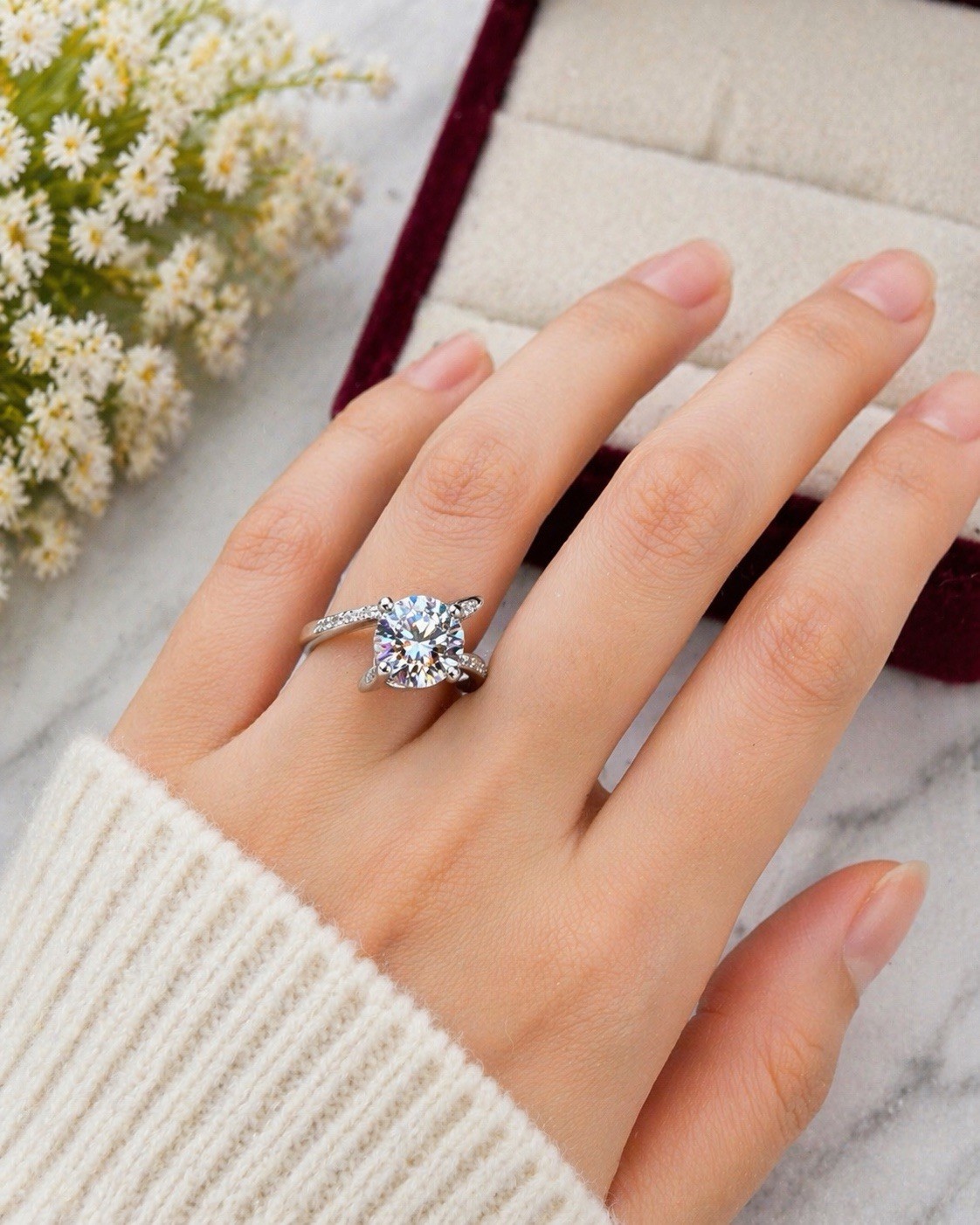 2ct Colored Moissanite Ring Adjustable Band 8mm Round Engagement Style w/ GRA