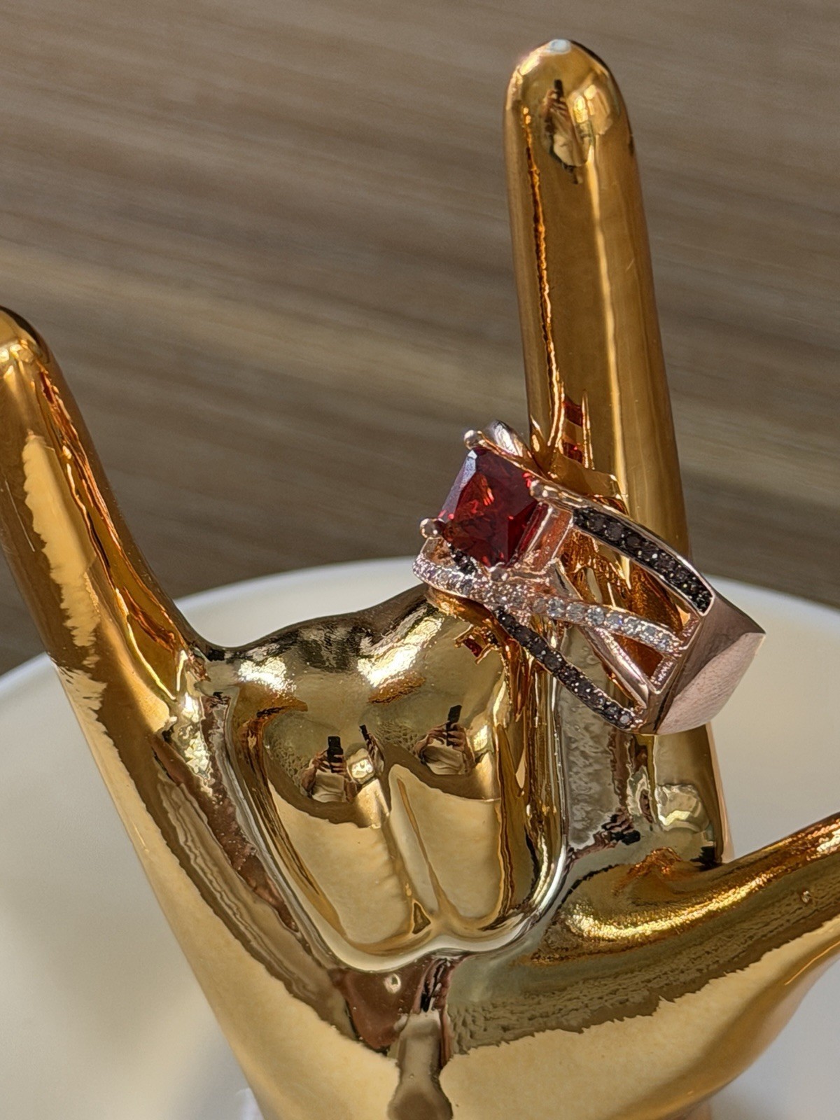 Rose Gold Plated Band Ring Size 8 Red Square CZ Prong Set Clear CZ Accents