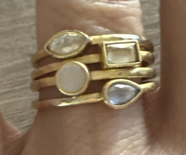 Vera Bradley Ring Stack Hammered Satin Gold Neutral Stones (Set of 4) Boho