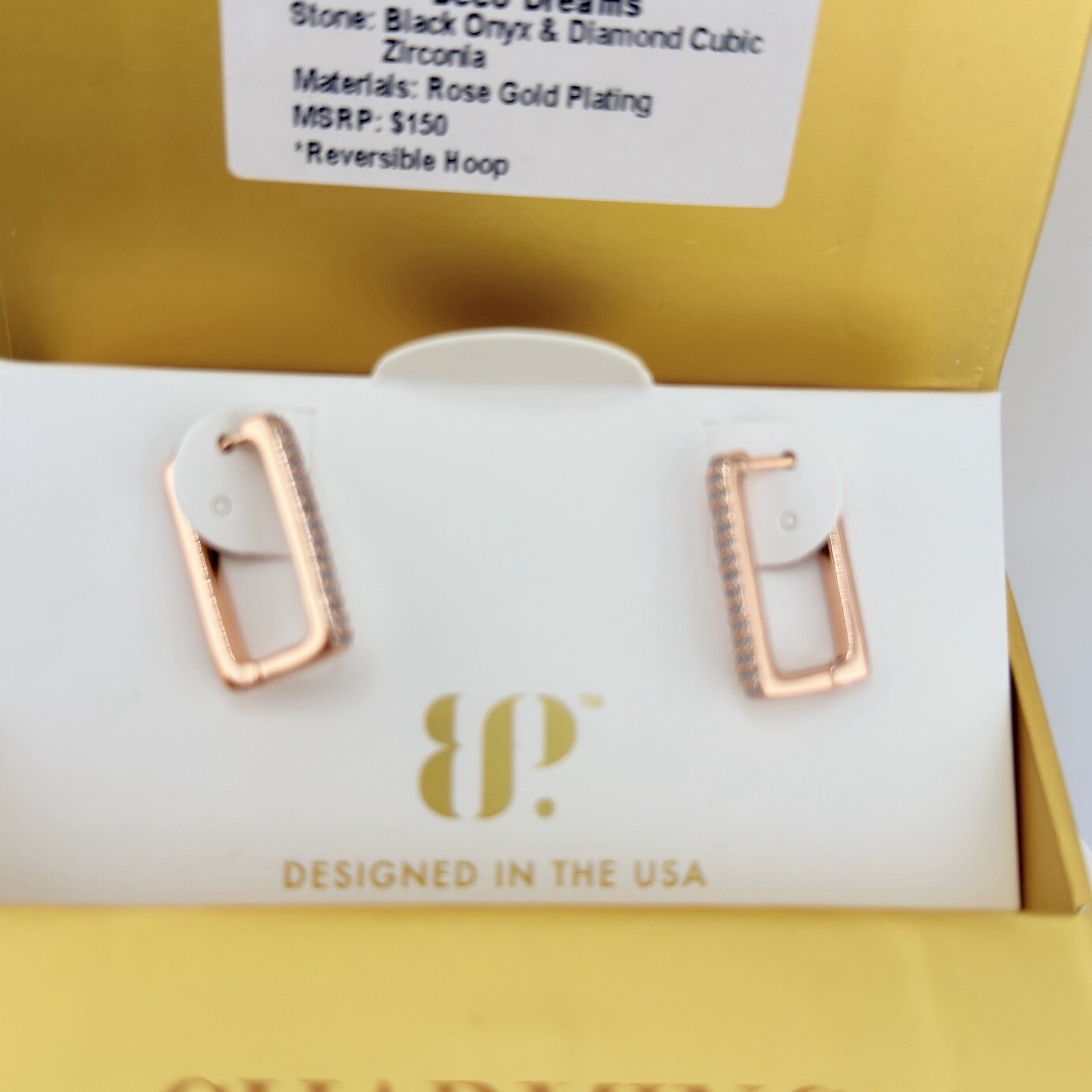 Bomb Party Charming Hoops “Deco Dreams” Black Onyx & CZ on Rose Gold HTF