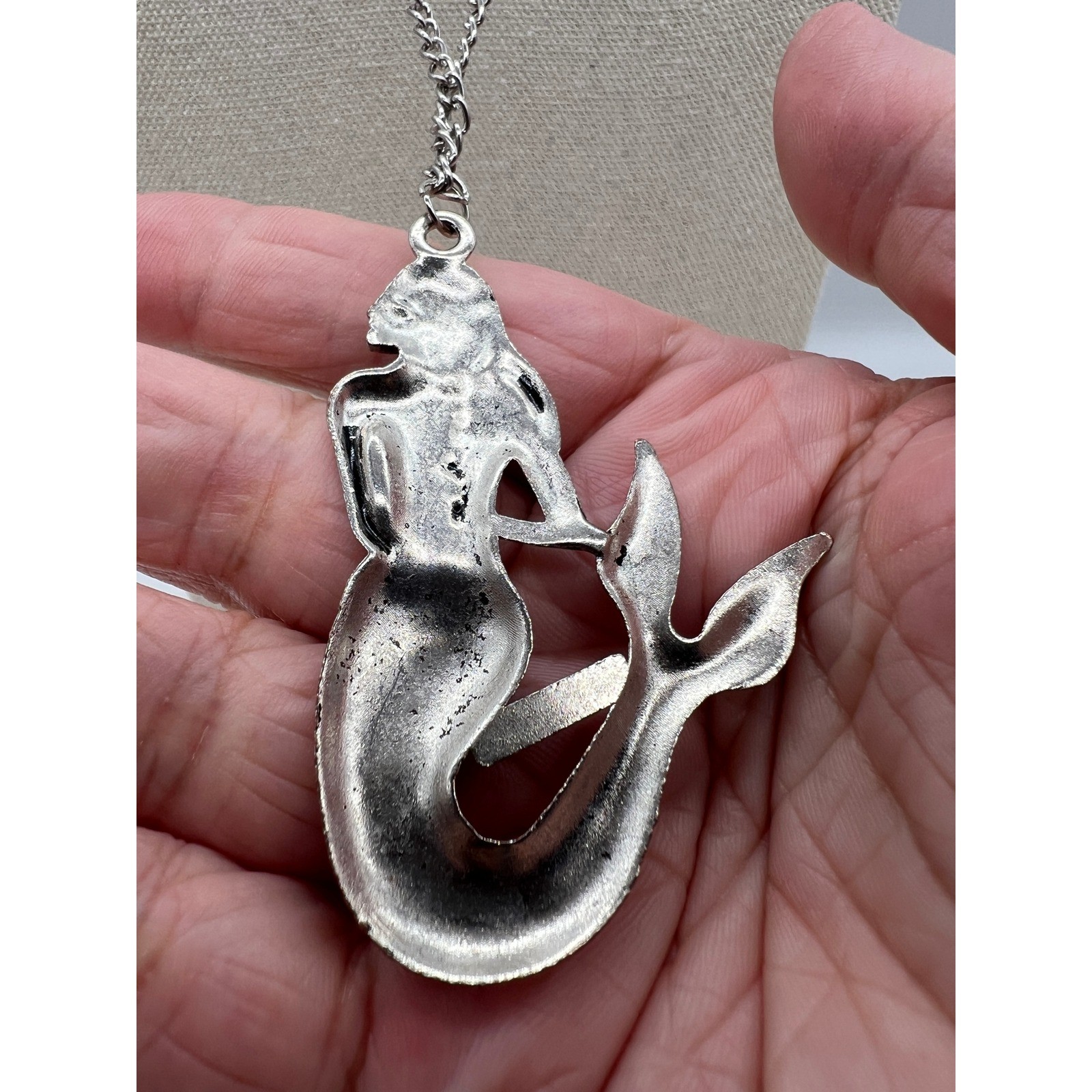 LaghCat Mermaid Pendant Necklace Boho Mermaidcore Fantasy Silver Tone 27in Chain
