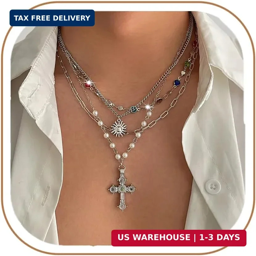MODRSA Gold Stacked Layered Necklaces for Women Pearl Pendant Charm Cross Lariat