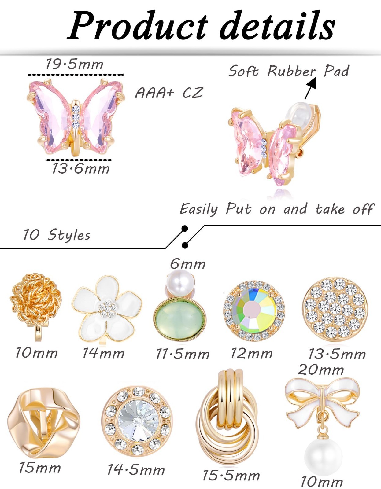10-15 Pairs Non-Pierced Clip-On Earrings Set – Teardrop, Round, CZ, Pearl, Flowe