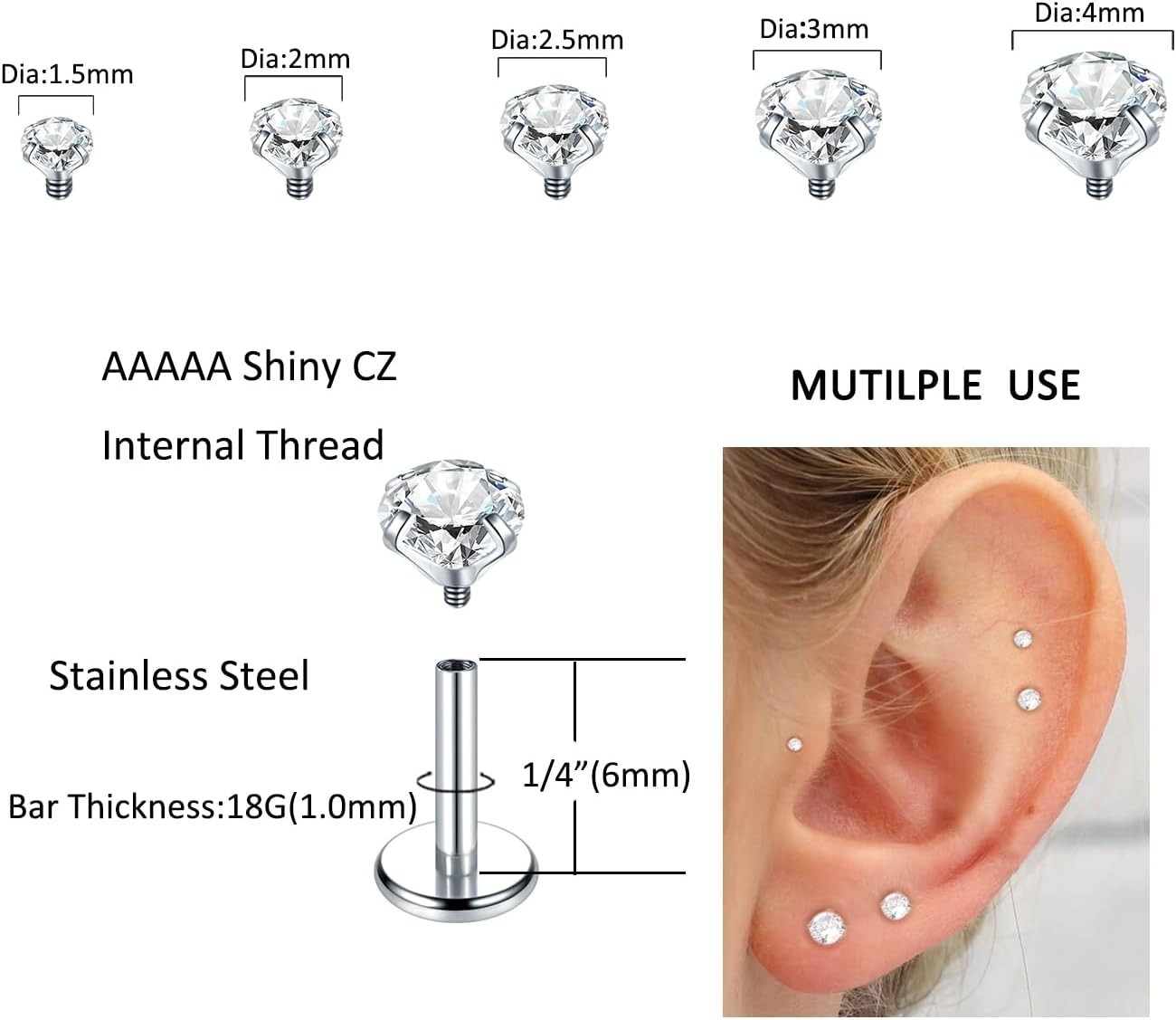 18G 16G Flat Back Stud Earrings 14K Gold Plated Internally Threaded CZ Stud P…
