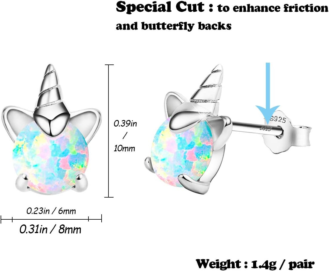 Unicorn Earrings for Girls, Hypoallergenic Fire Opal Stud Earrings S925 Sterlin
