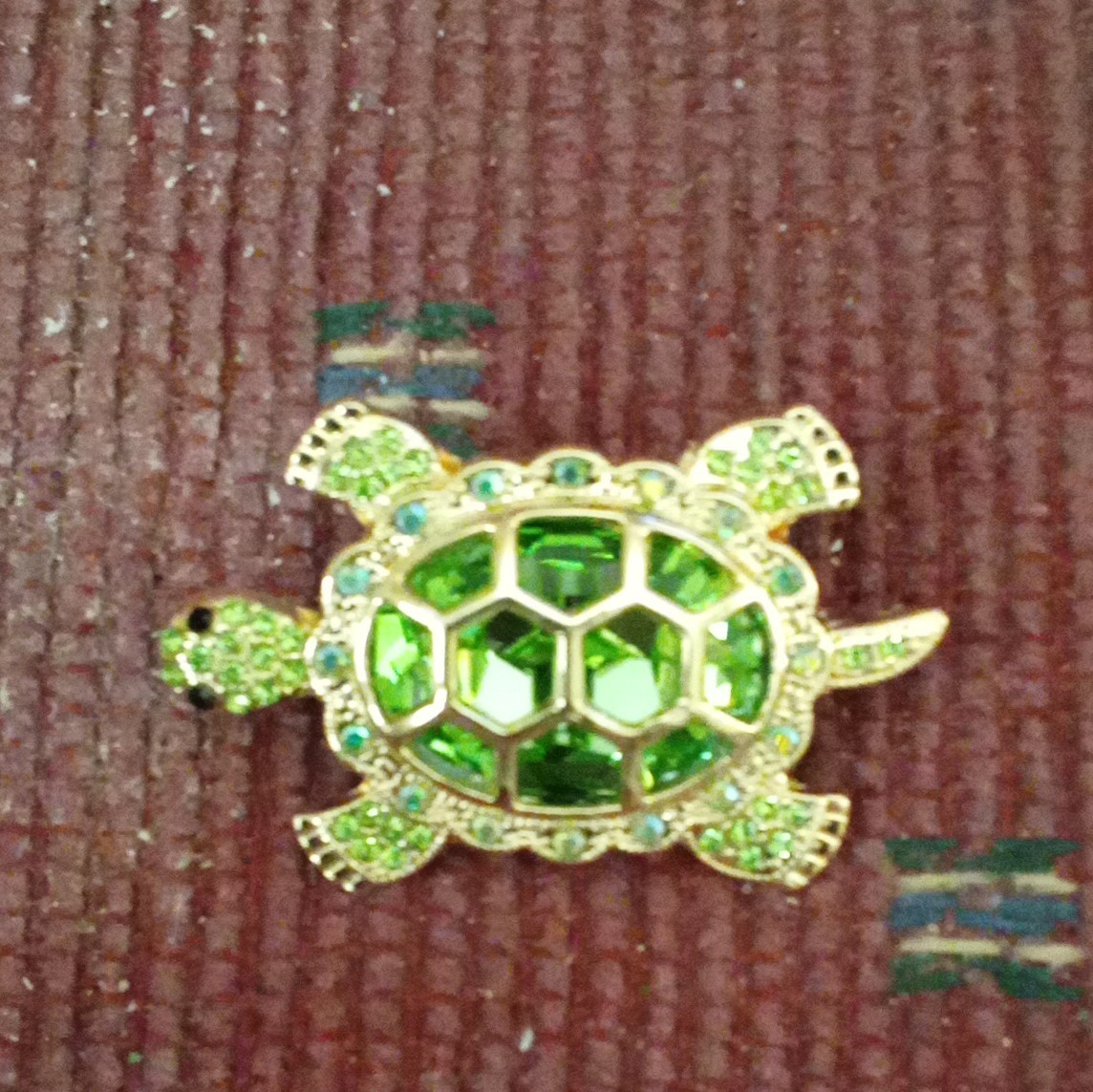 Gold Tone Green Crystal & Rhinestone Turtle Brooch Pin, Animal Theme