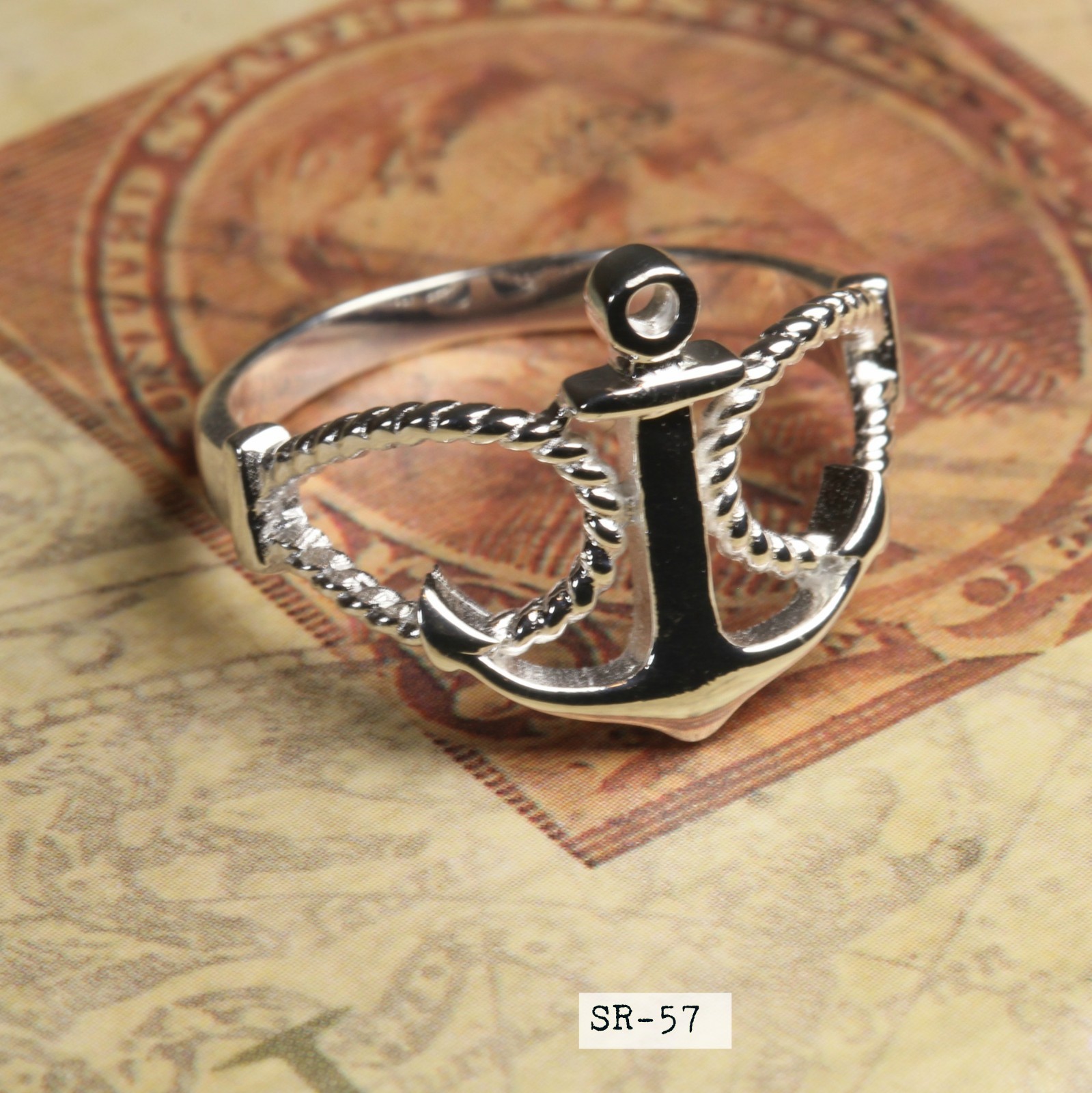 Solid Sterling Silver Nautical Sailor’s Rope and Anchor Ladies Fashion Ring