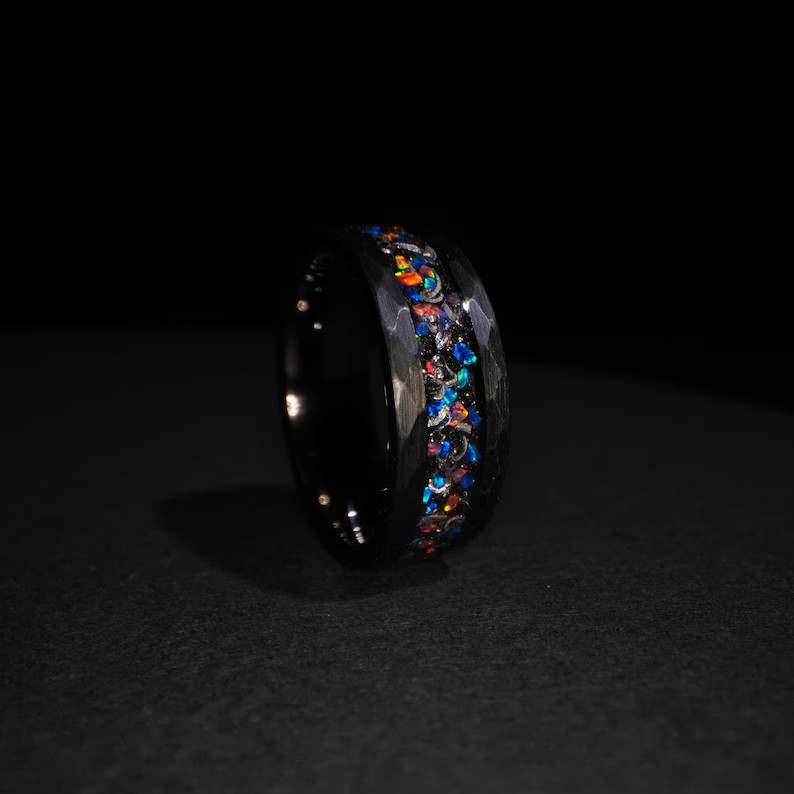 8mm Meteorite & Galaxy Opal Hammered Black Tungsten Men’s Ring Wedding Band