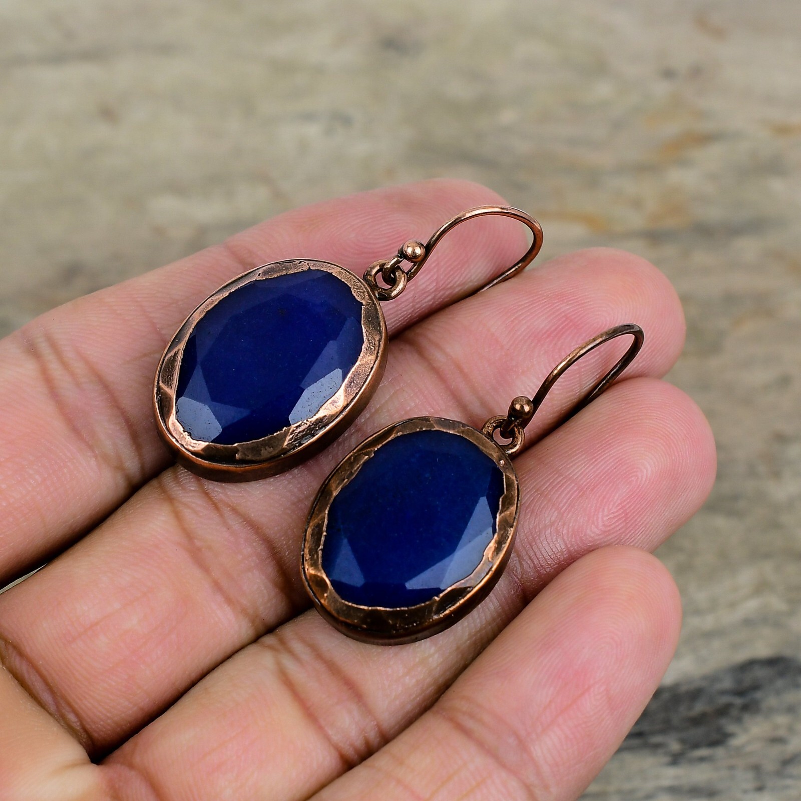 Oval Blue Saphire Gemstone Copper Birthday Electroformed Drop Hook New Earrings