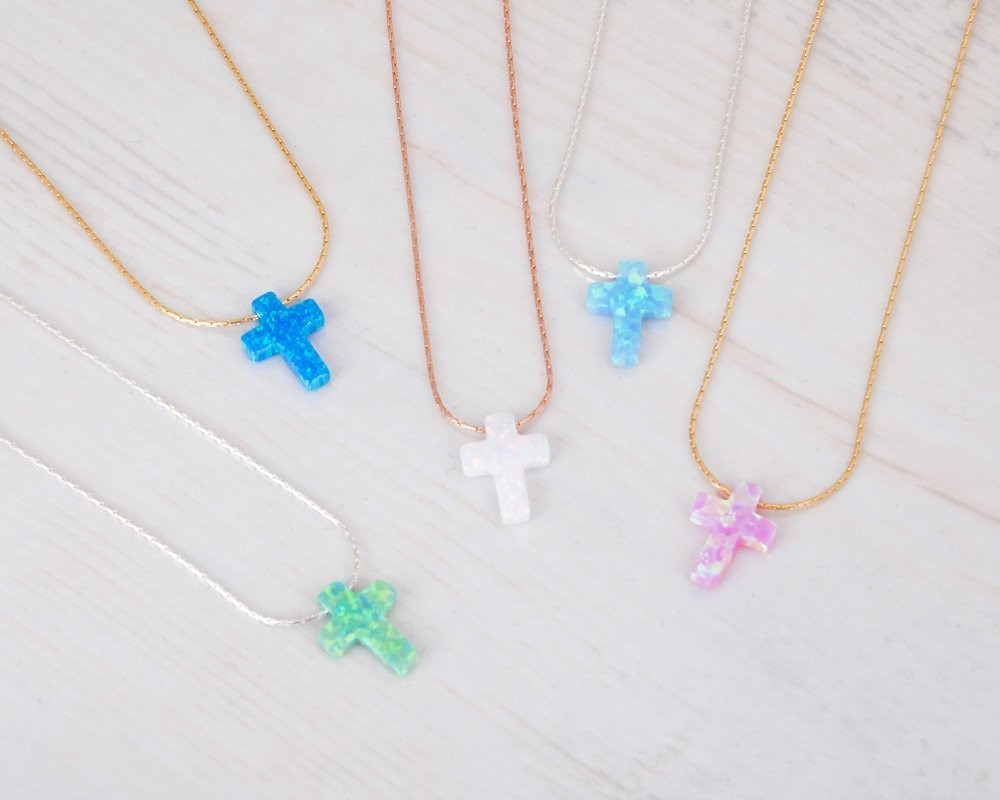 Opal Cross Choker Necklace – Thin Chain, Gold Filled or Silver, Blue or White…