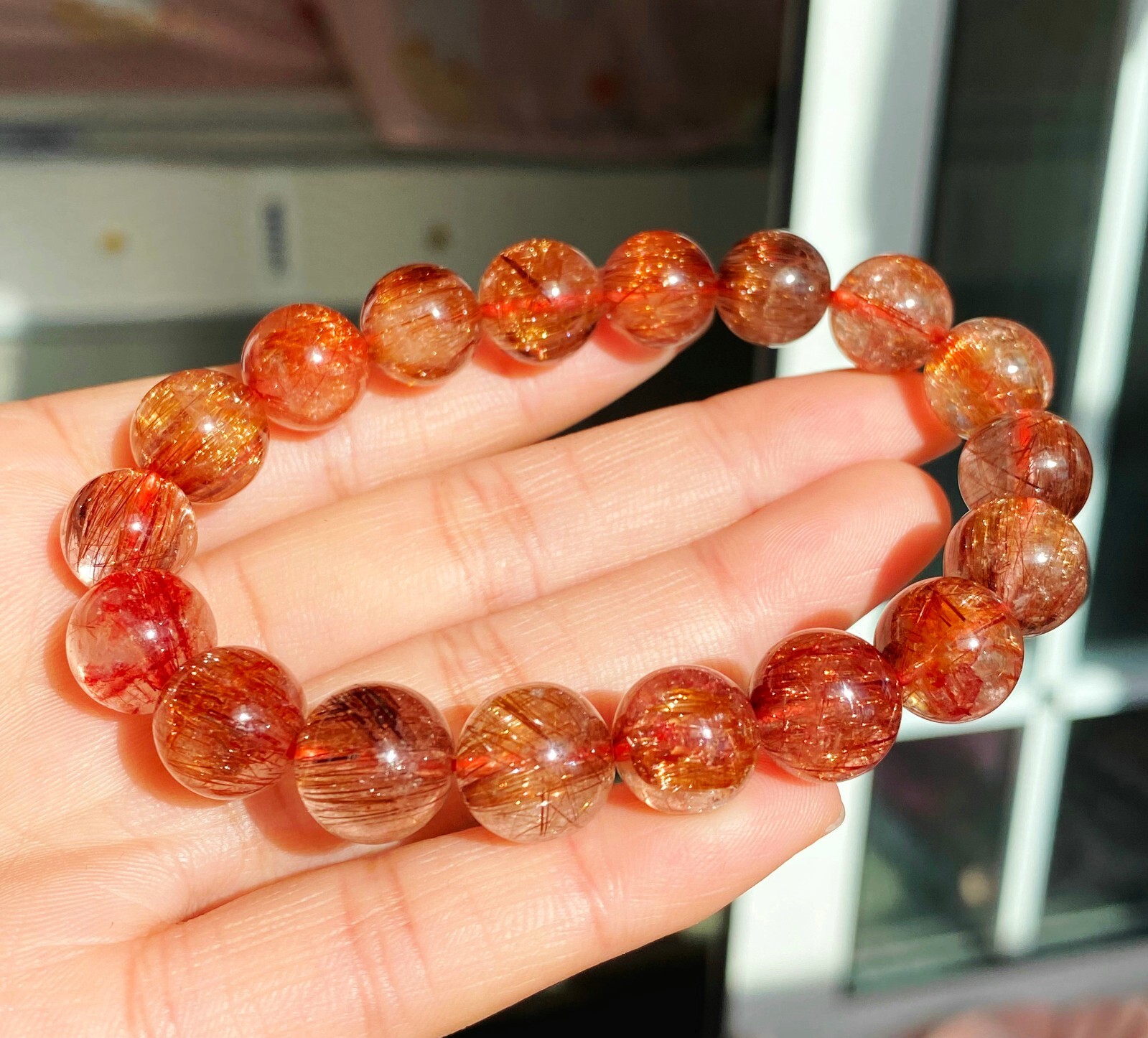 10.7-11.3mm Natural Copper Rutilated Quartz Crystal Stretch Beads Bracelet 17