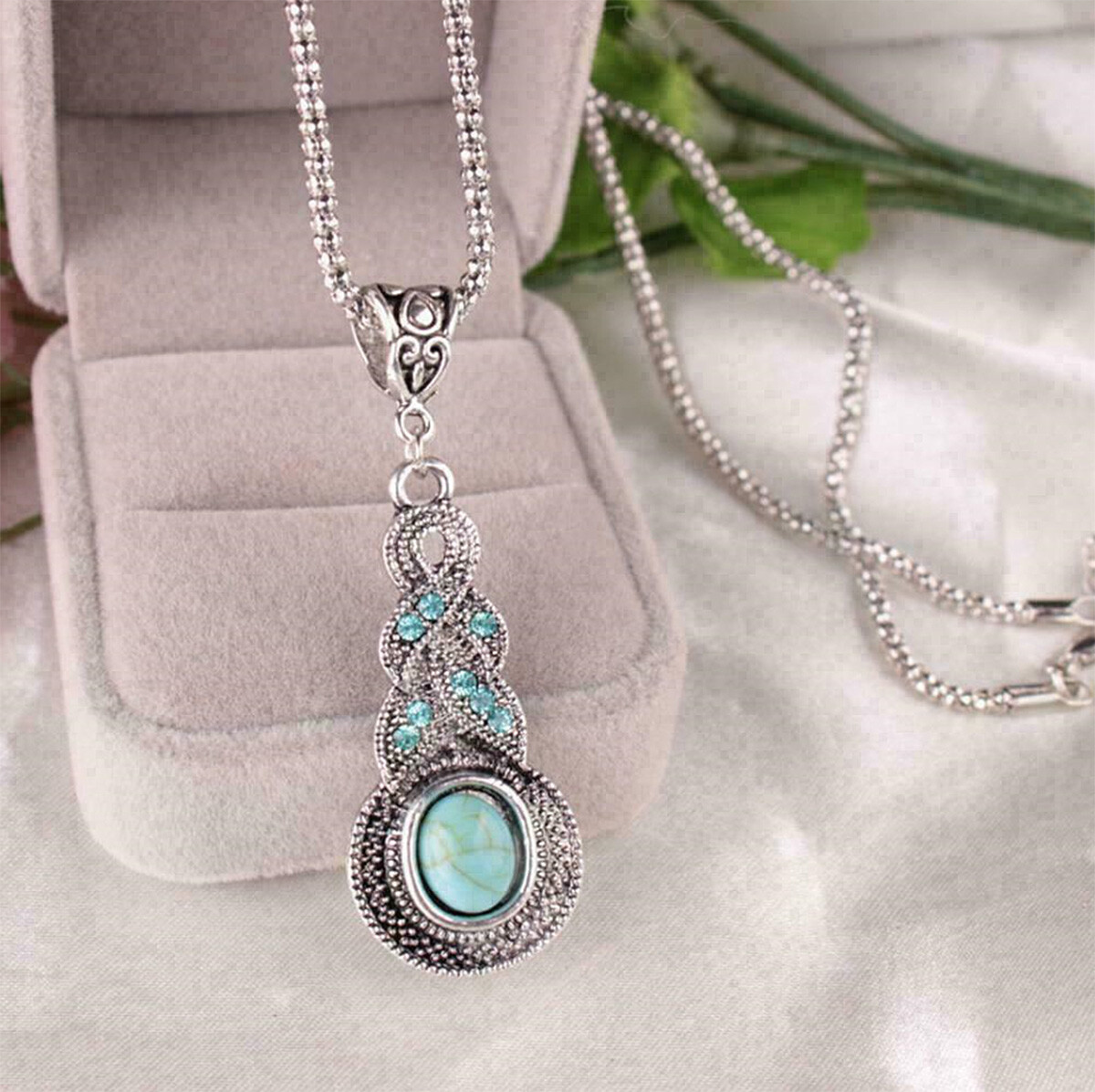 DESIGNER INSPIRED BLUE FAUX TURQUOISE SILVER NECKLACE & EARRINGS JEWELRY SET NEW