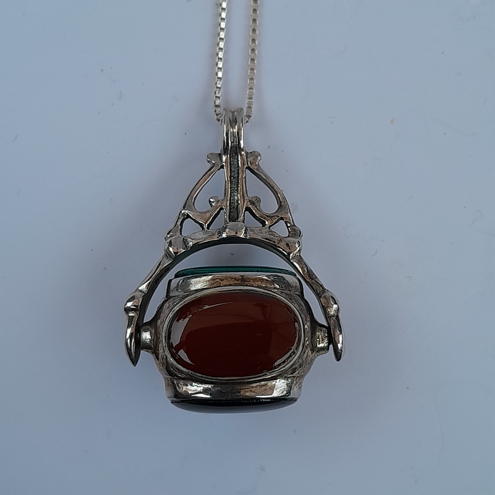 Vtg Sterling Silver Four-Sided Spinner Fob Pendant Necklace Red Black Stone 925
