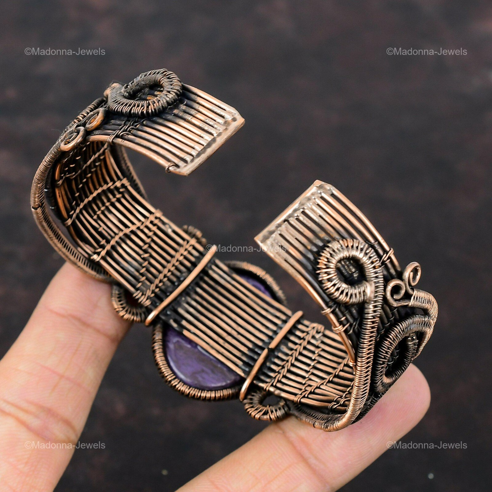 Russian Charoite Copper Gift For Friend Wire Wrapped Cuff Adjustable Bangle