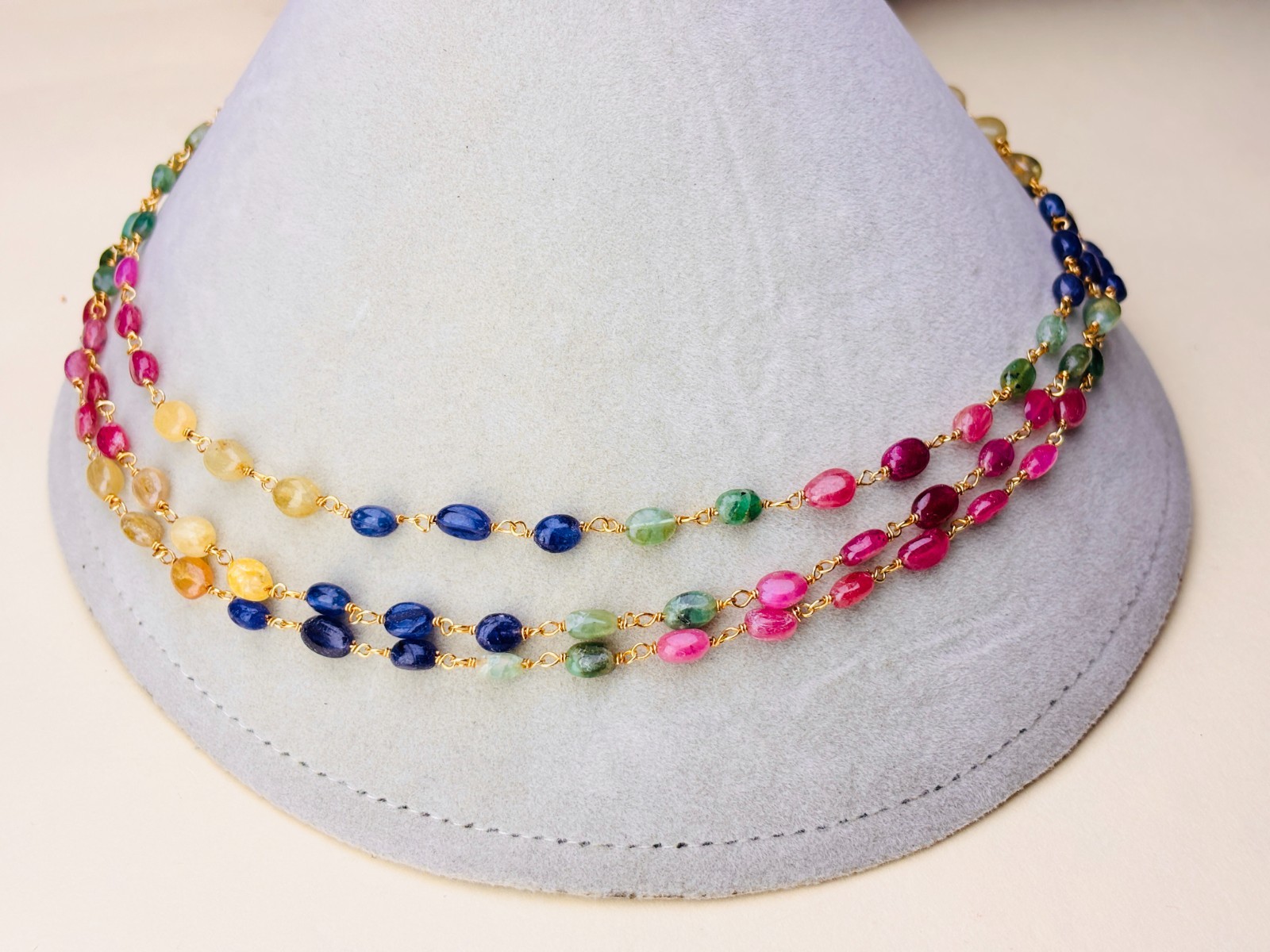 925 Silver Multi Gemstone Beaded Chain Gold Plated Layered Necklace For Women