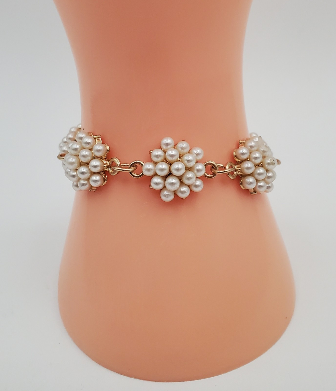 Cluster Faux Pearl Adjustable Bracelet or Anklet 6in to 10in Gold Tone Large