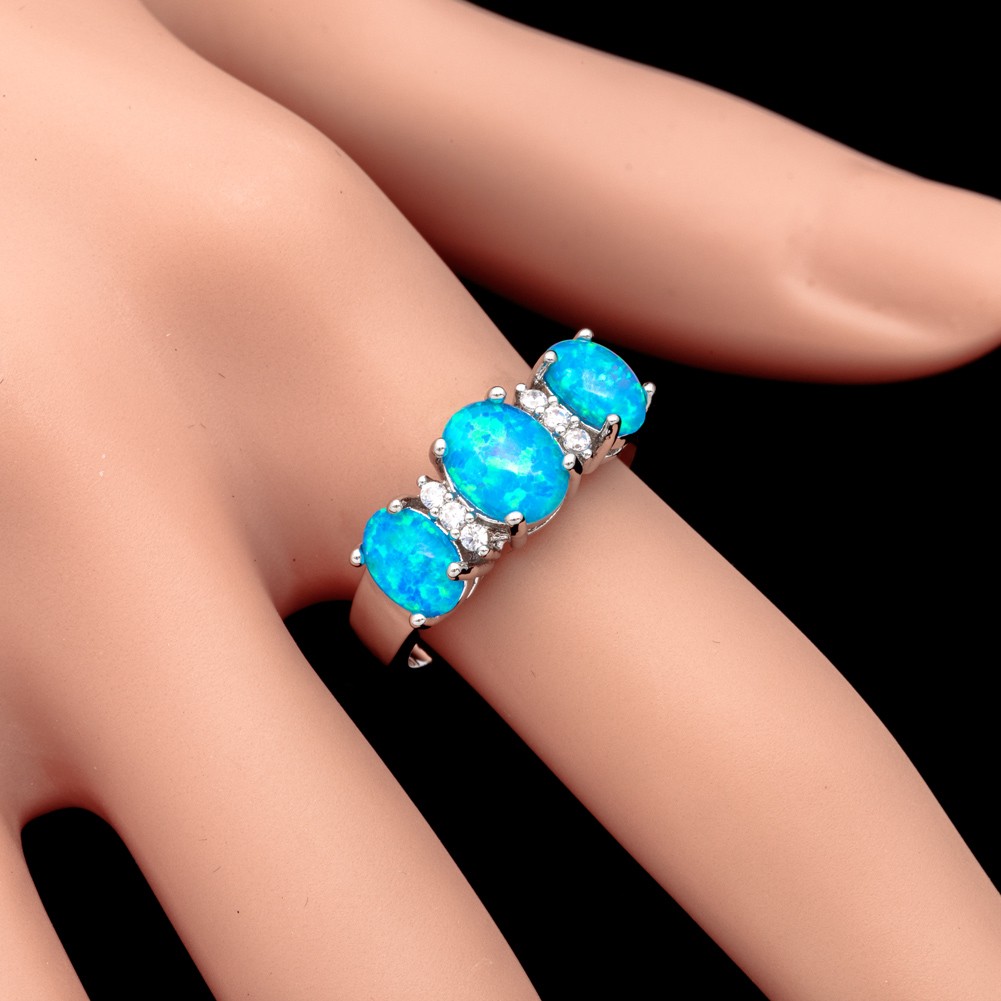 Three-Stone Ocean Blue Fire Opal Cabochon CZ Silver Jewelry Ring Size 6 7 8 9