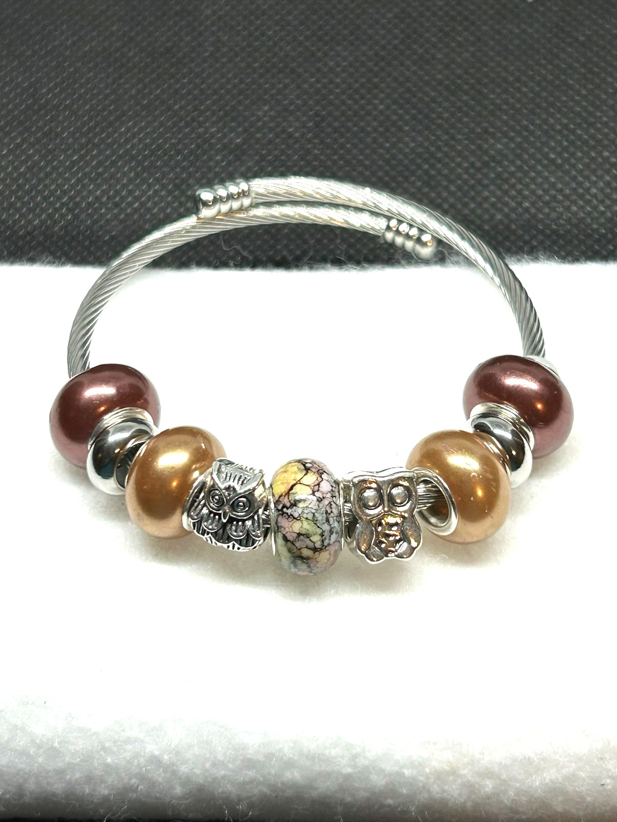 Brown & Beige Owl Beaded Cuff Adjustable Bracelet