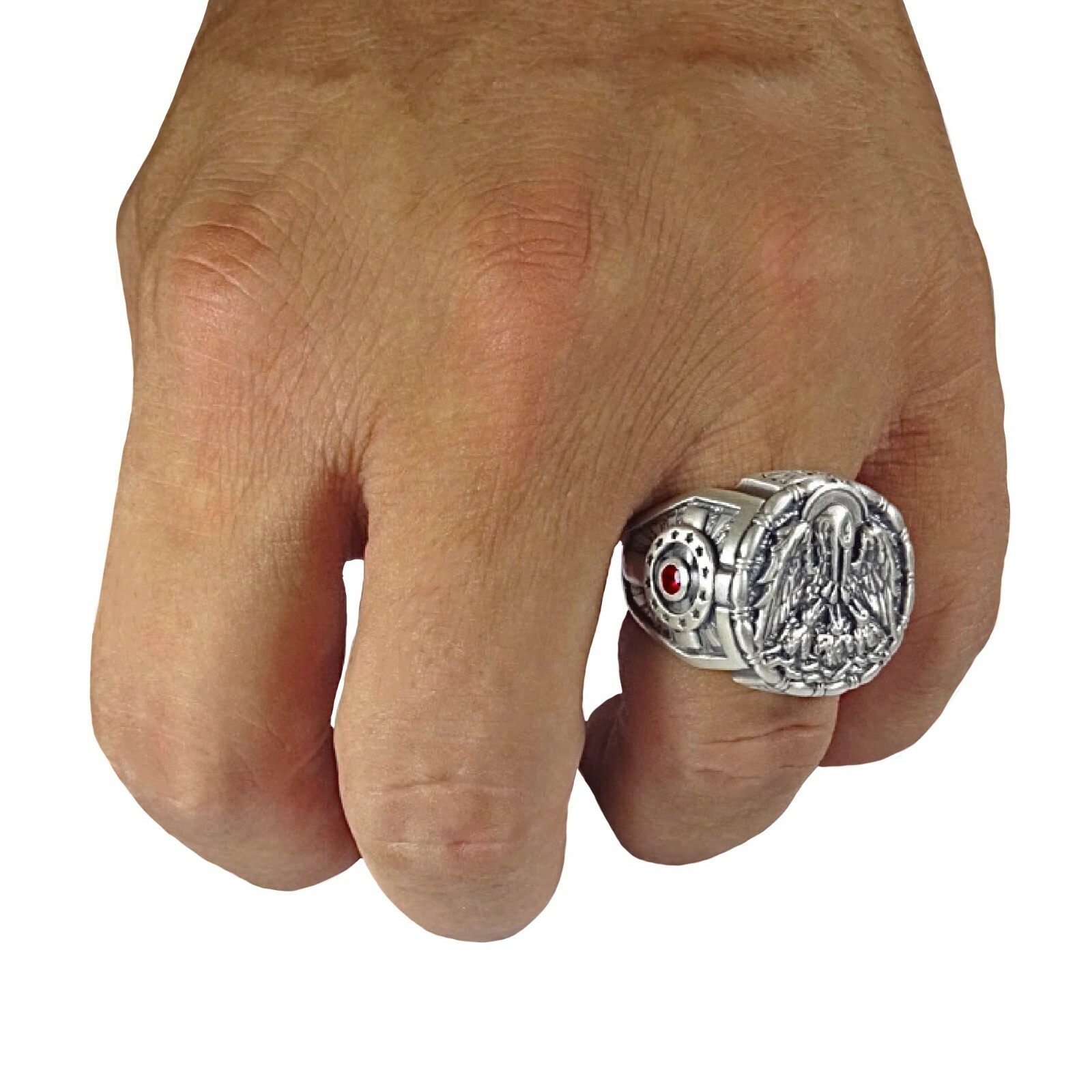 Jesuit IHS Sterling Silver Cross Men’s Ring Christian Pelican with Chicks