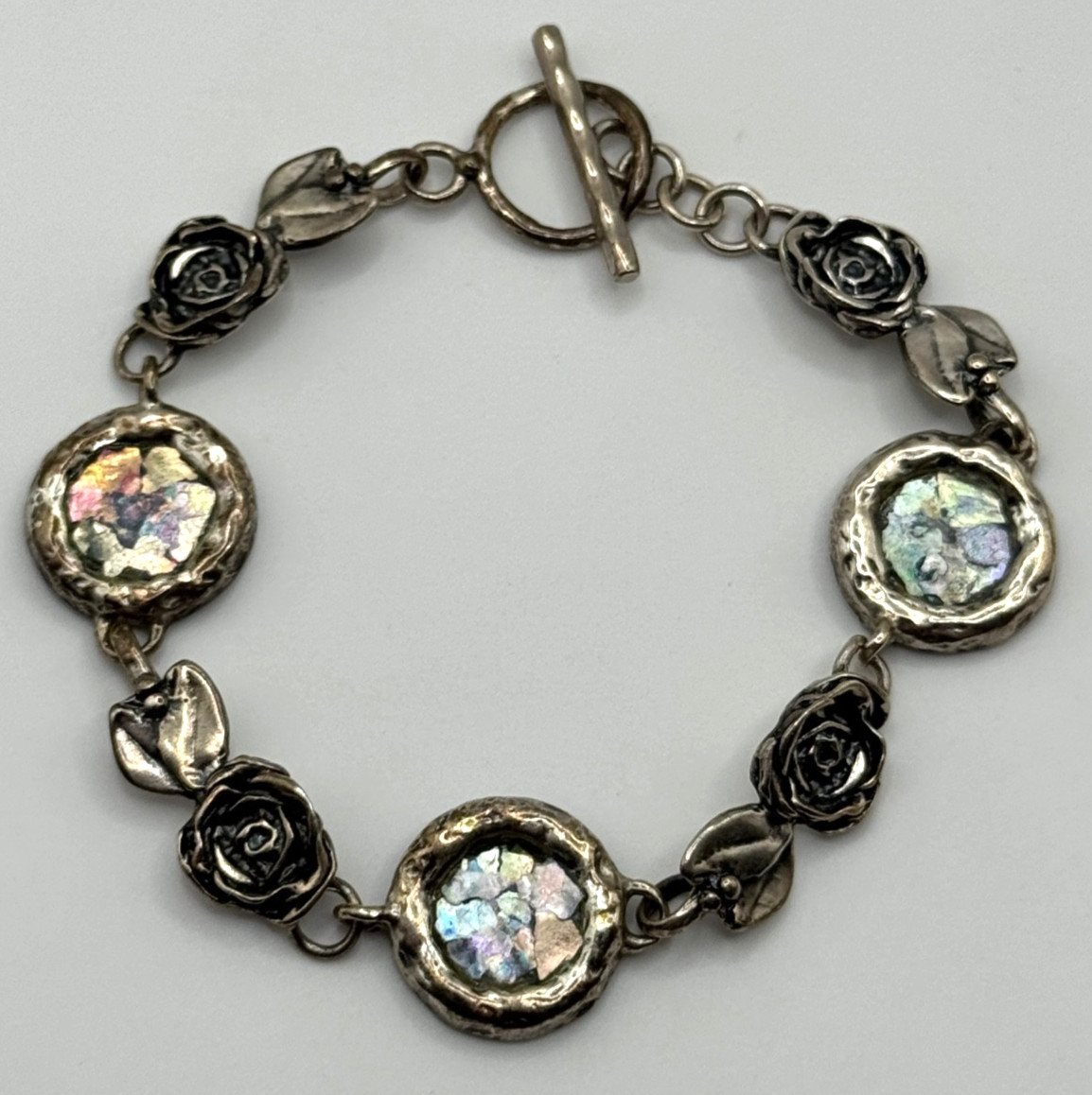 Luli Hamersztein Sterling Silver Roman Glass Rose Flower Toggle Bracelet