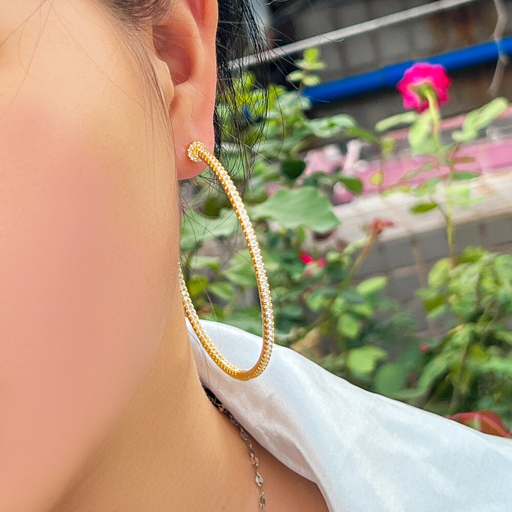 Oversize Silver Plated Cubic Zircon Big Thin Round Loop Hoop Earrings for Women