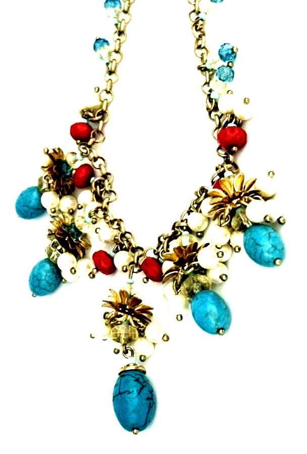 Talbots 21″ Fashion Faux Turquoise Pearl Coral Beaded Bib Cluster Necklace