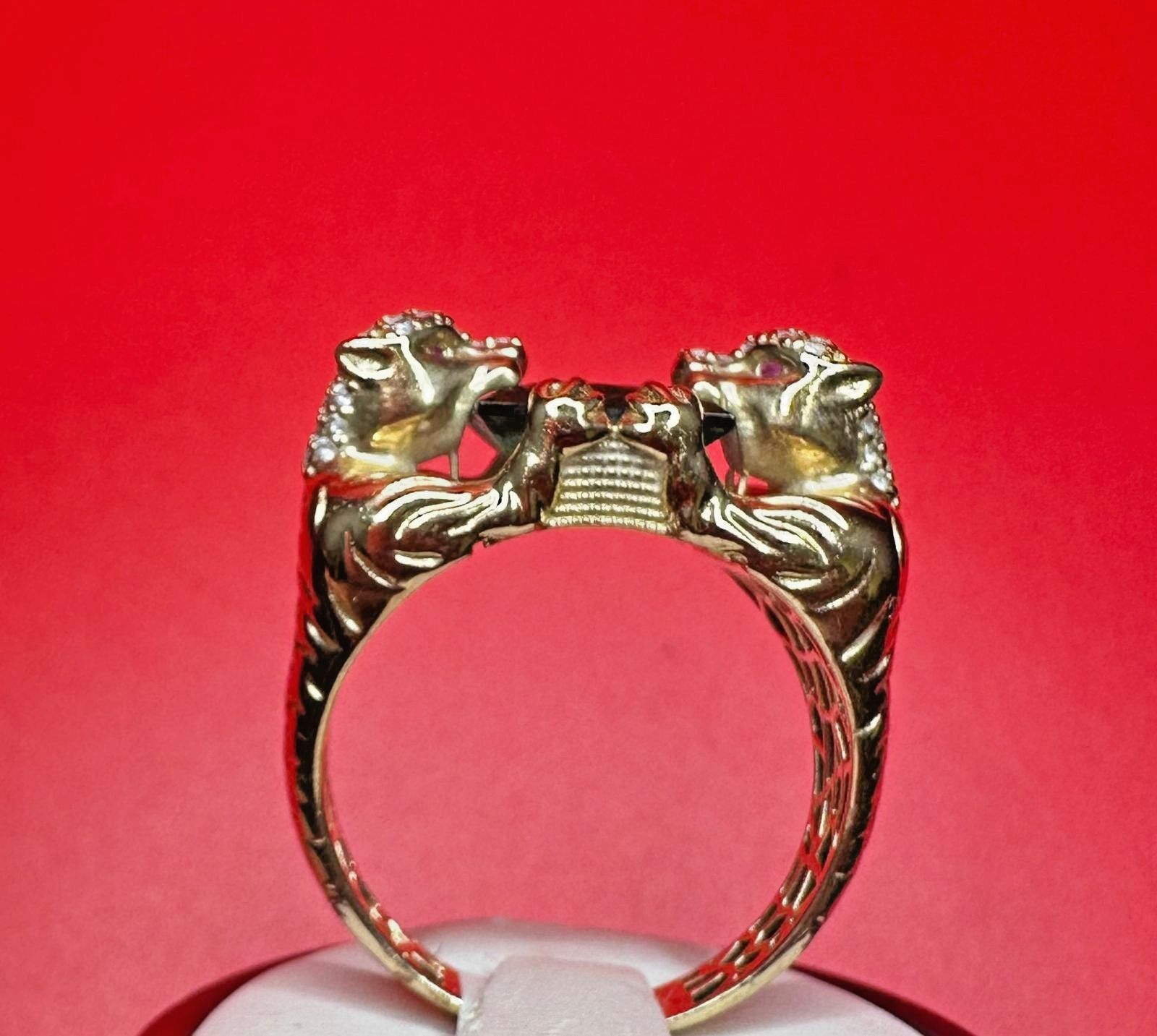 10K Double Panther Head Ring With Green Topaz Stone
