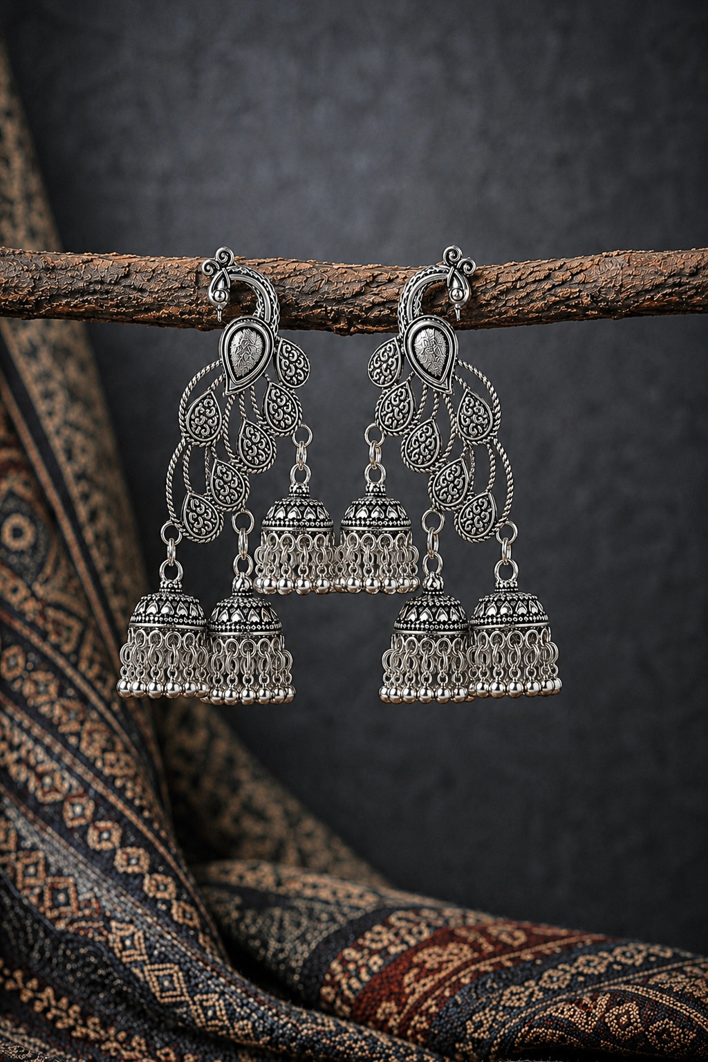Traditional Oxidized Silver Peacock Multi-Layer Jhumka Dangle Earrings