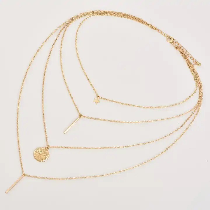 Four (4) Layered Multi Chain Gold Necklace, Column, Pendant and Star