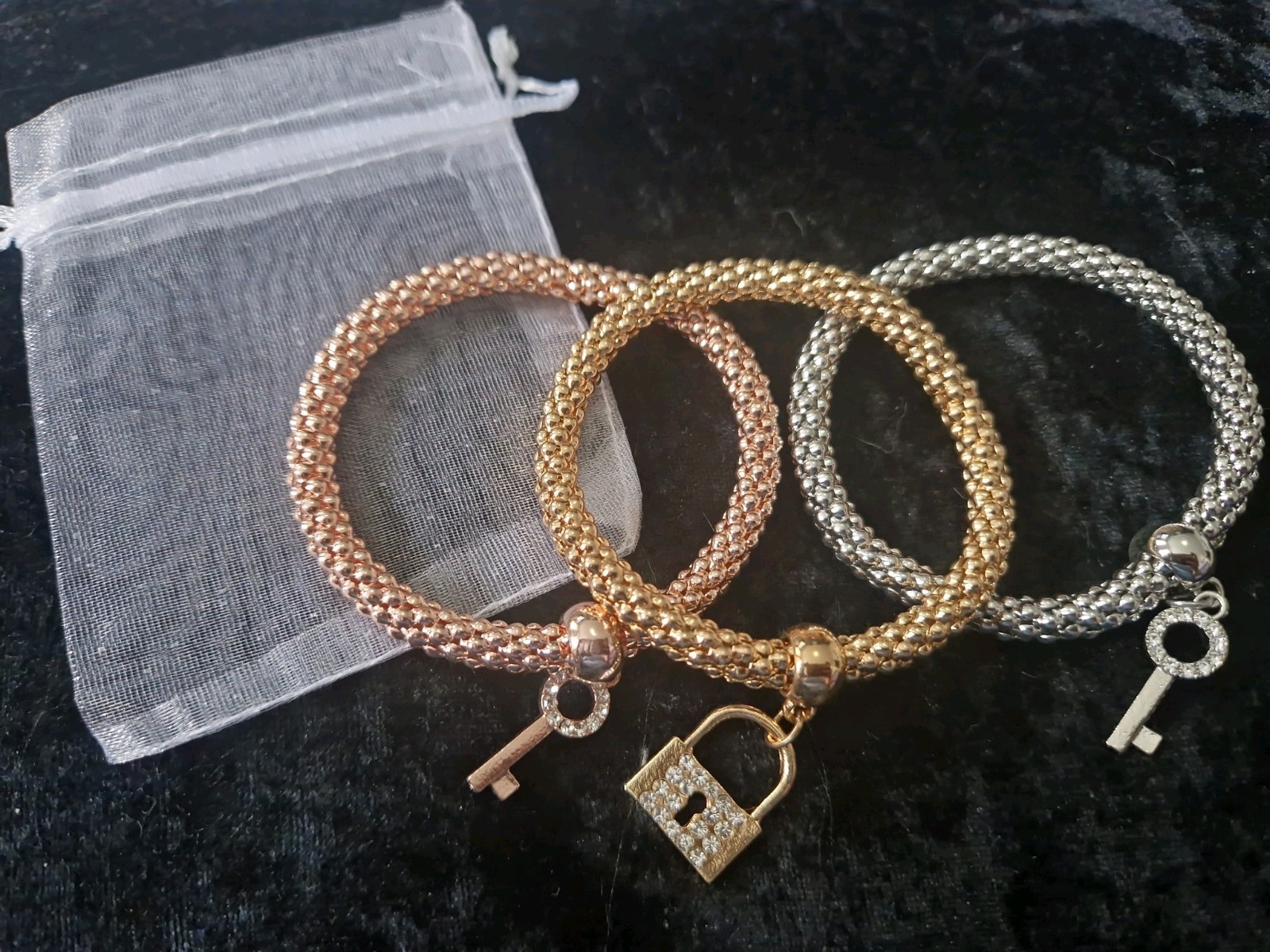 3PCS Gold Lock Key Bracelet Set Women Adjustable Charm Rhinestone Jewellery