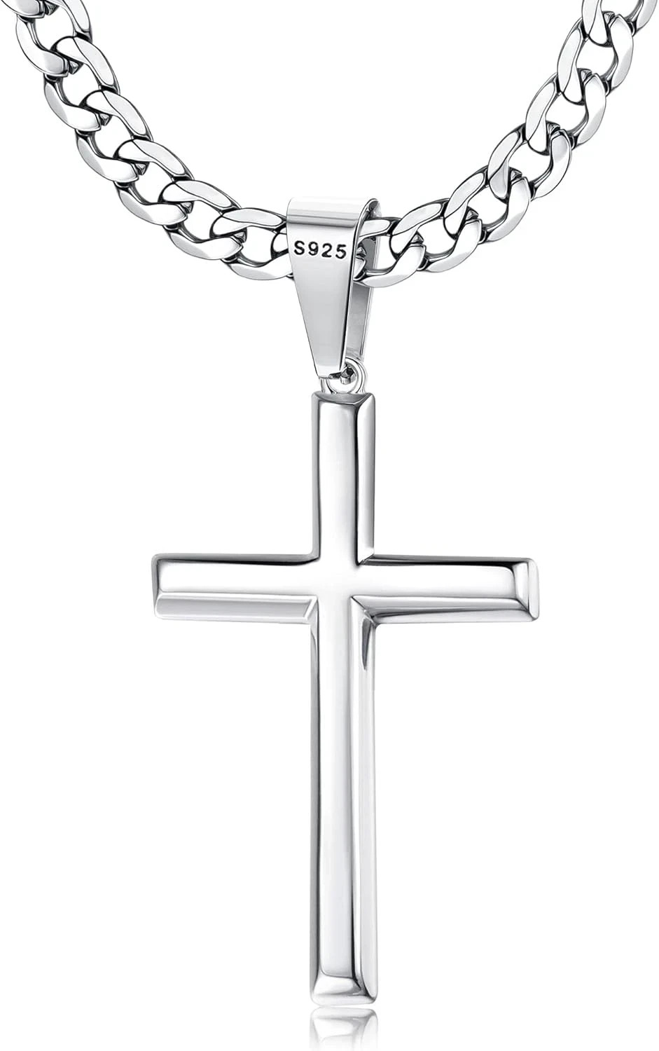 925 Sterling Silver Cross Necklace Beveled Edge for Men Women 5Mm Stainless Stee