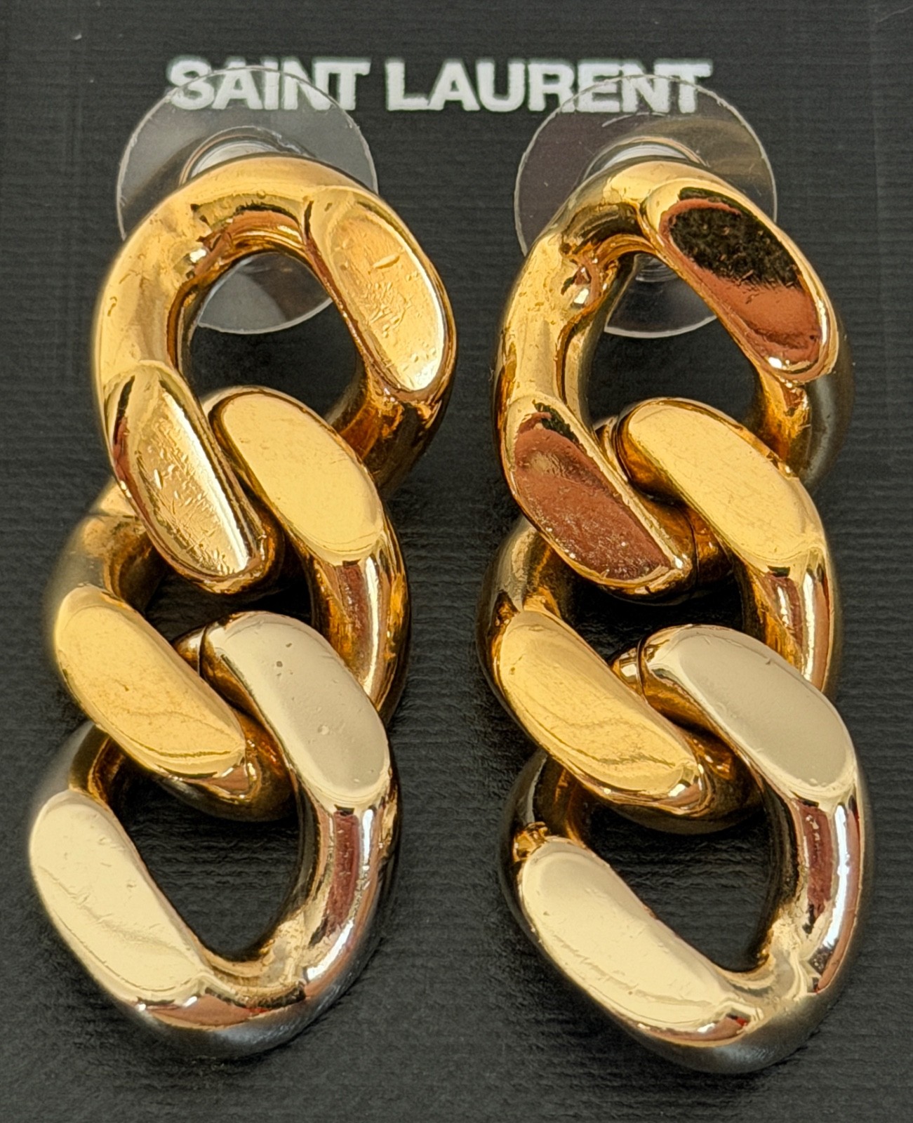 NIB Saint Laurent YSL Triple Curb Chain Link Antique Gold Drop Earrings $795