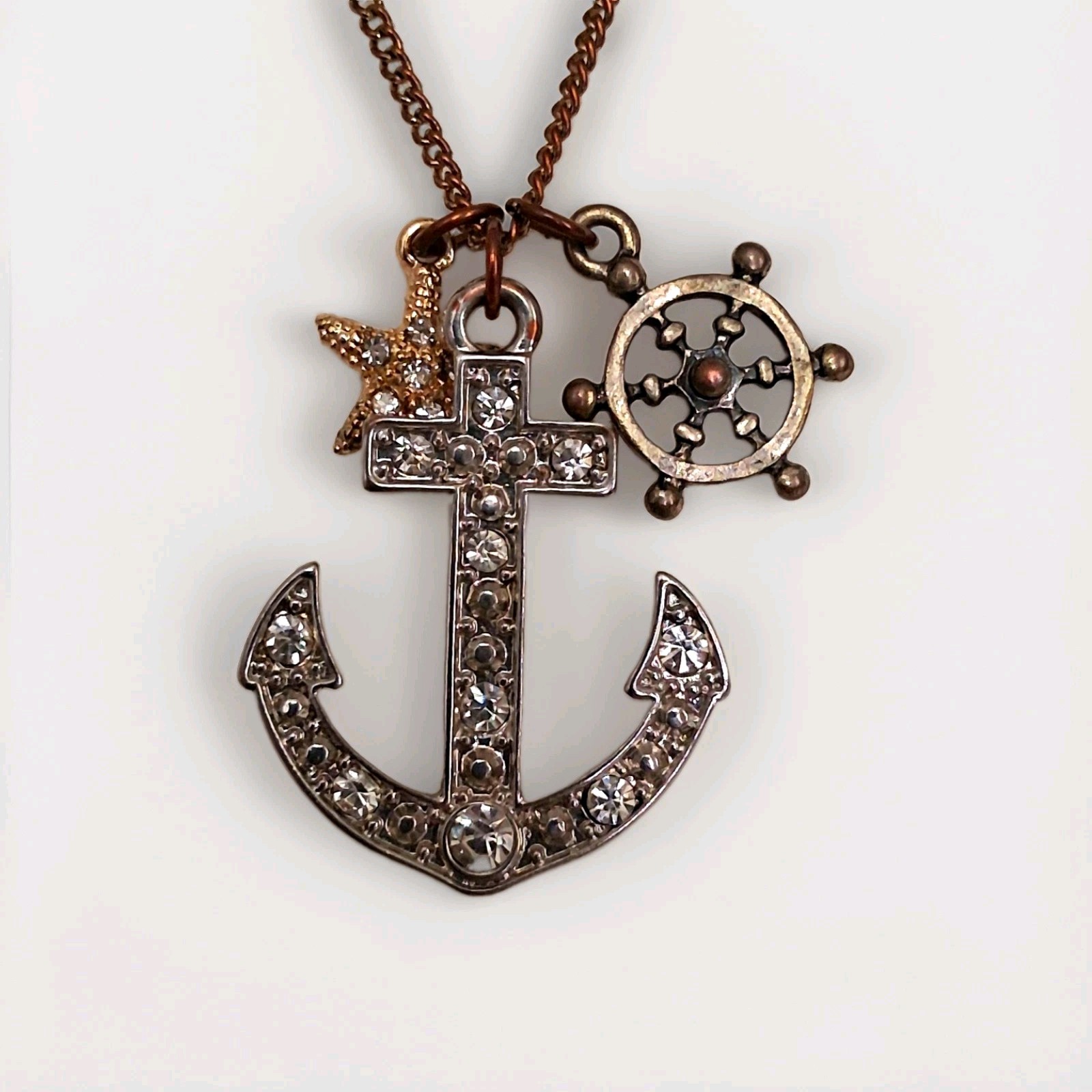 Silver Tone Crystal Anchor Charm Pendant Necklace, Adjustable Cable Chain