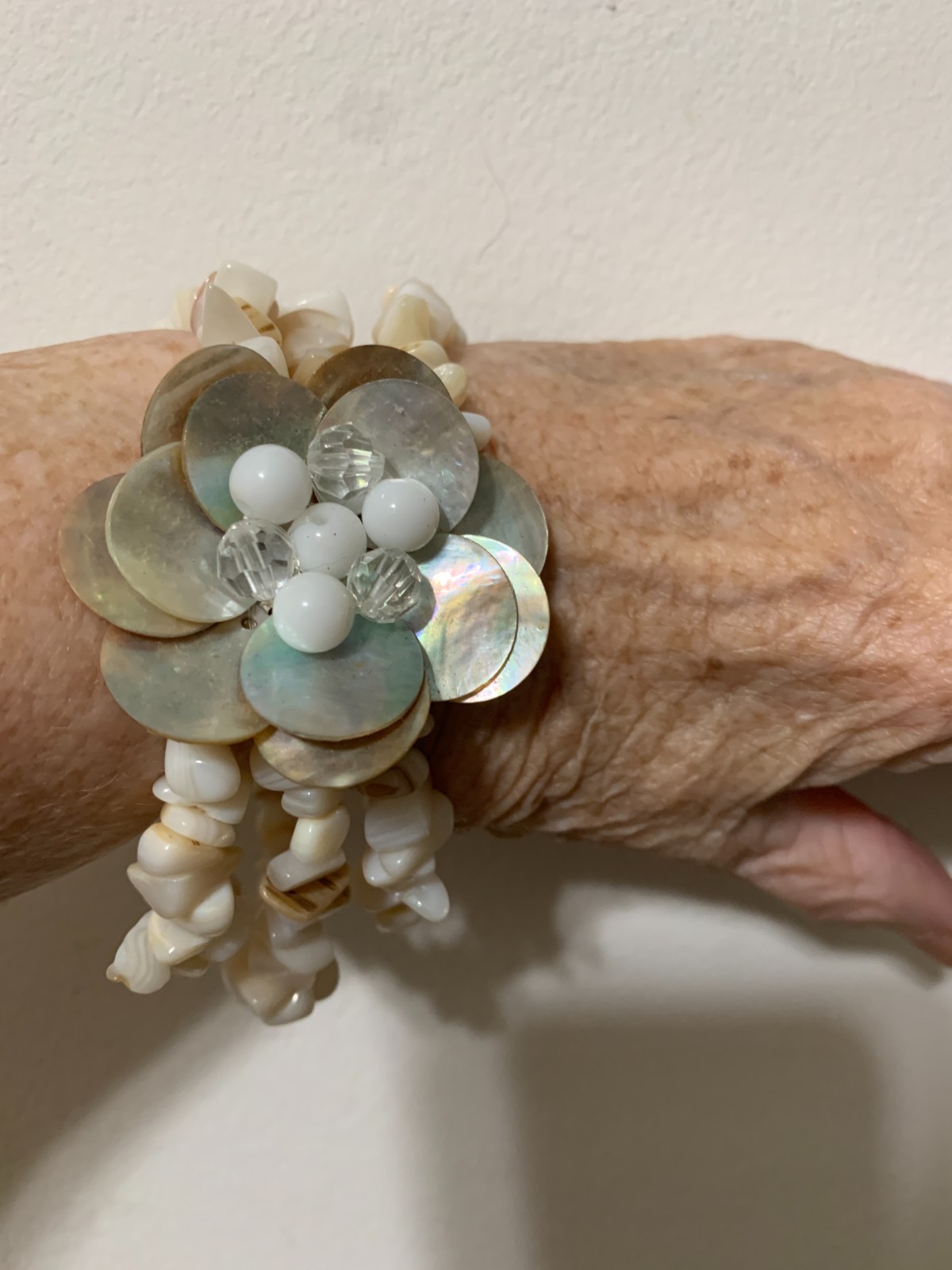 Fashion Seashell bracelet, glass beads and crystals on a triple stretch band, 8″