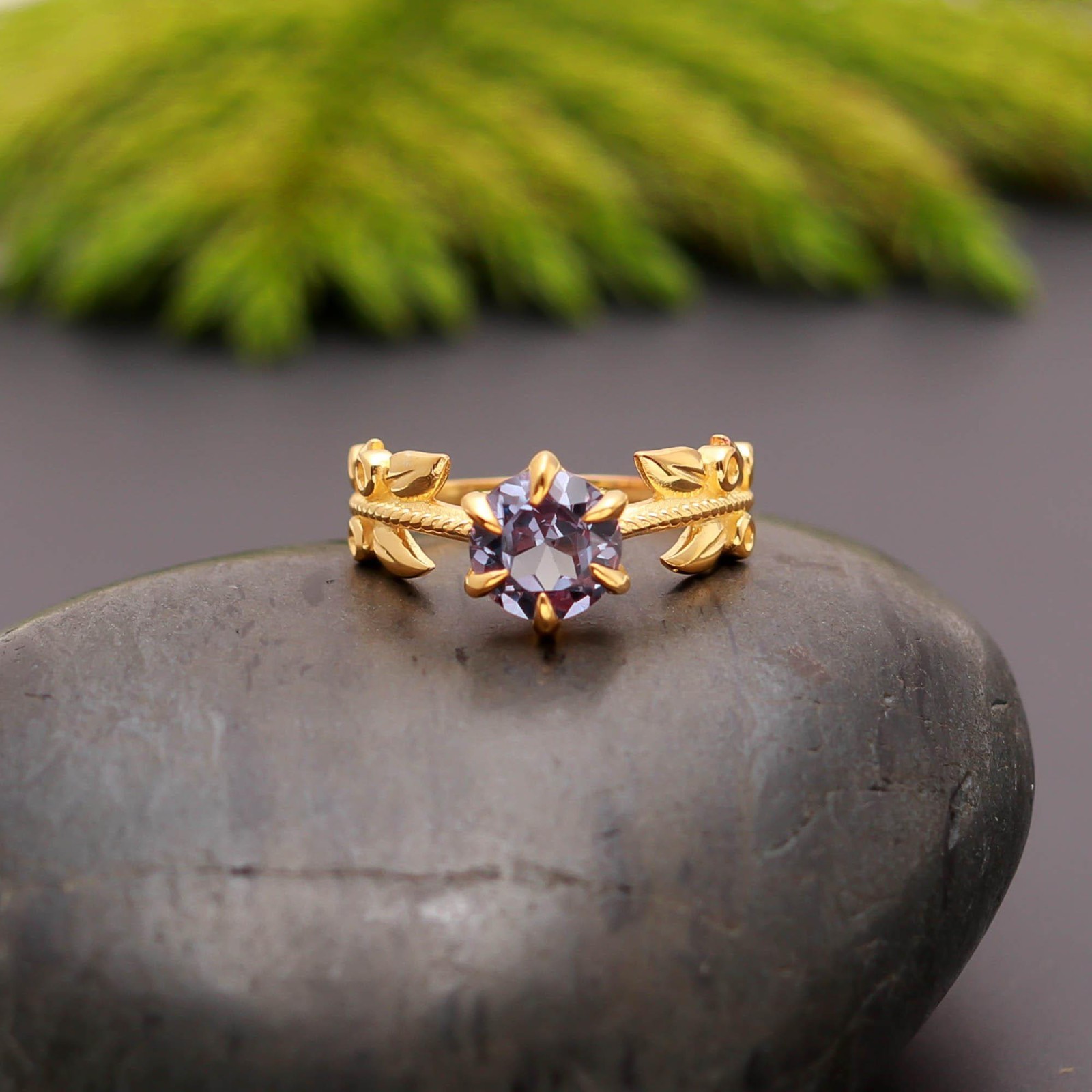 Color Changing Alexandrite Round Ring 925 Sterling Silver Gold Plated Jewelry
