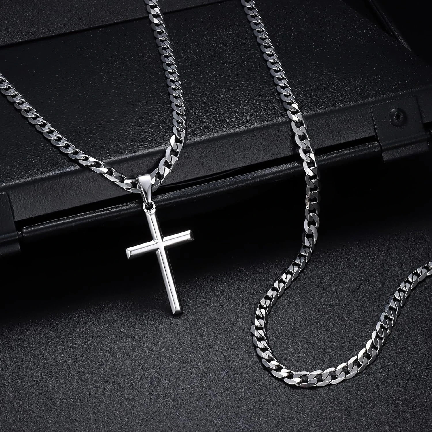 925 Sterling Silver Cross Necklace Beveled Edge for Men Women 5Mm Stainless Stee