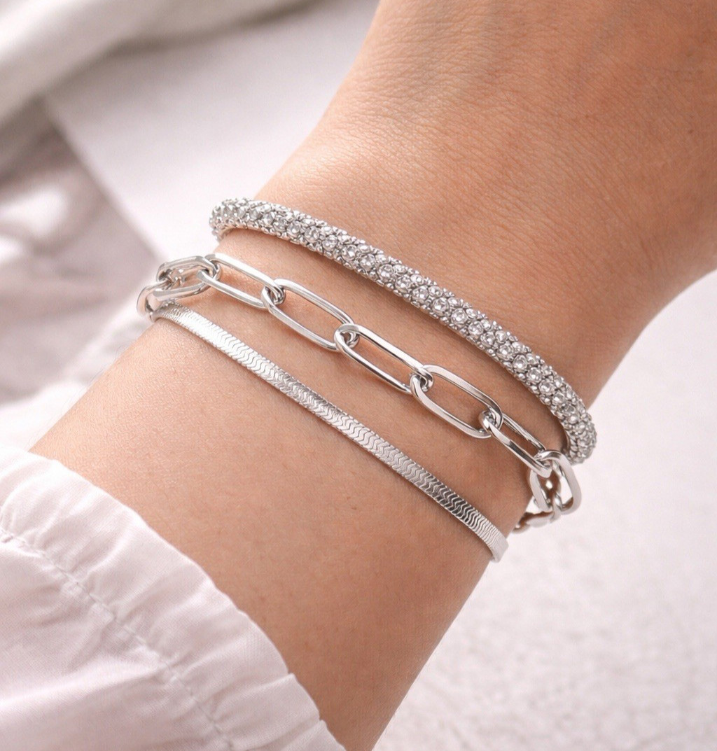 3PCS Silver Layered Bracelet Set Tennis Herringbone Chain Women Jewelry