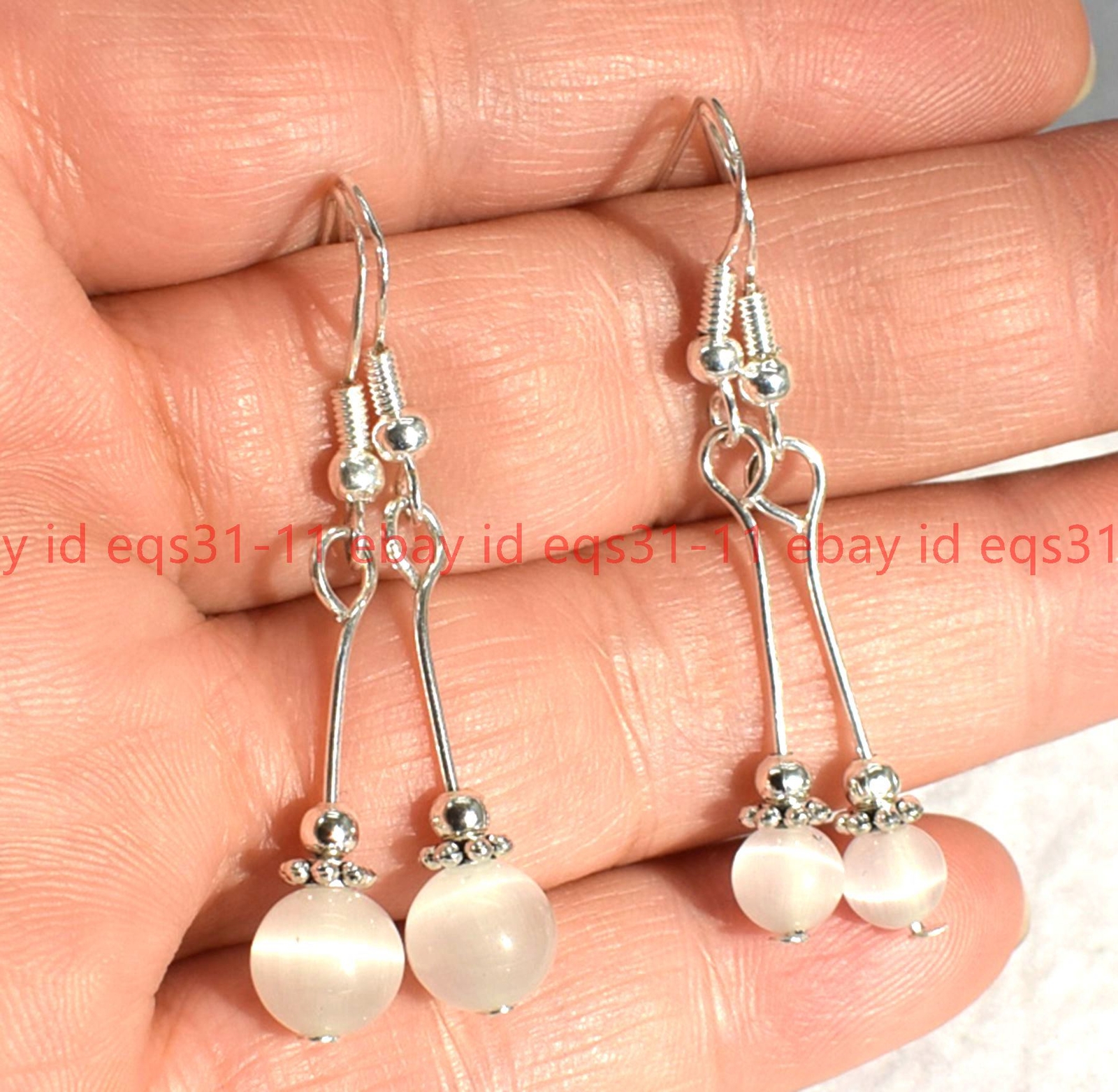 Beautiful 1Pair 6/8/10mm White Cat’s Eye Opal Gemstone Round Beads Hook Earrings