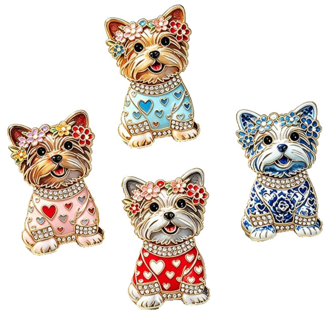 4PCS Yorkshire Terrier Dog Brooch Pin Set Enamel Crystal Floral Puppy Gift