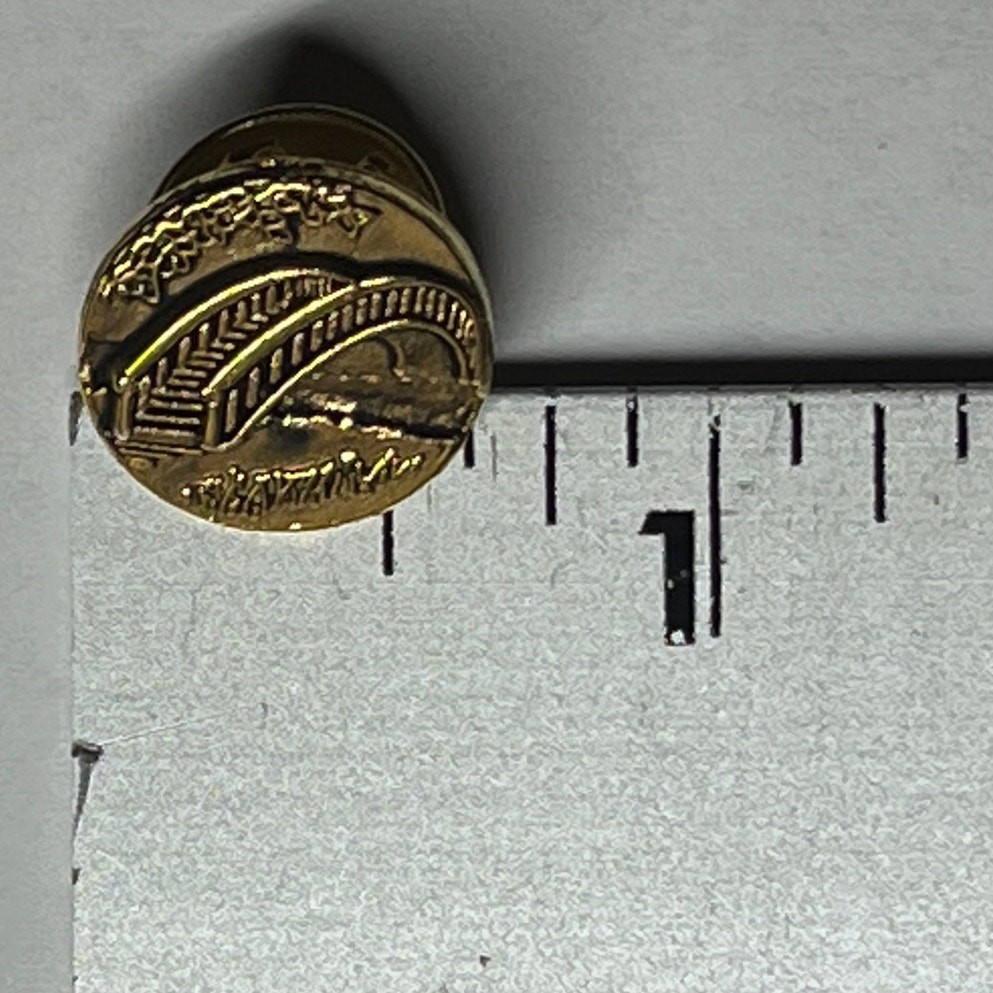 Bridge over water gold tone scene pin. unisex adults.