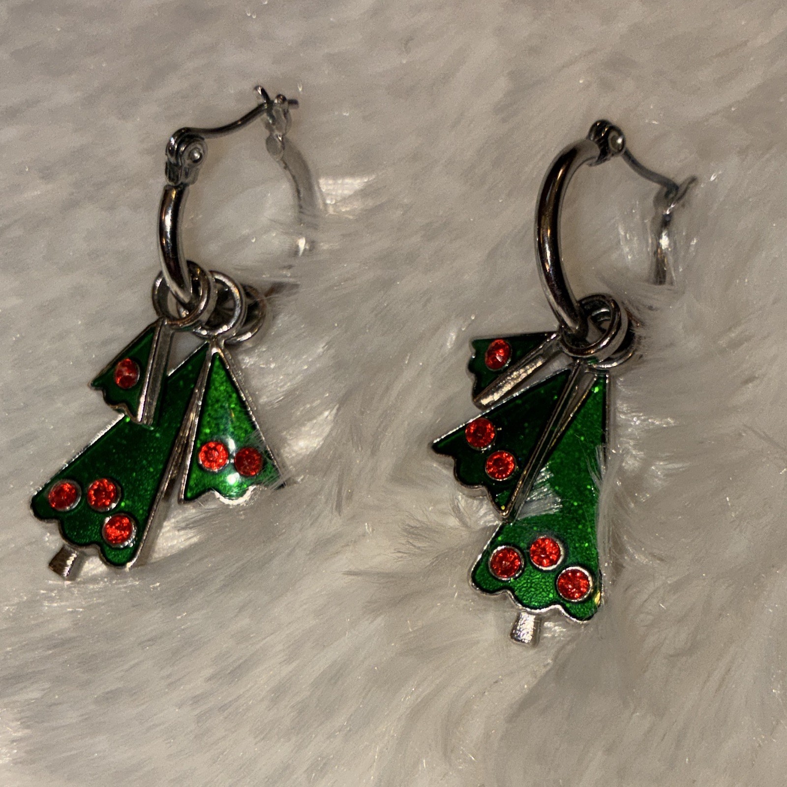 Silver Tone Hoop Dangle Earrings Enamel Christmas Tree Charm Green Red
