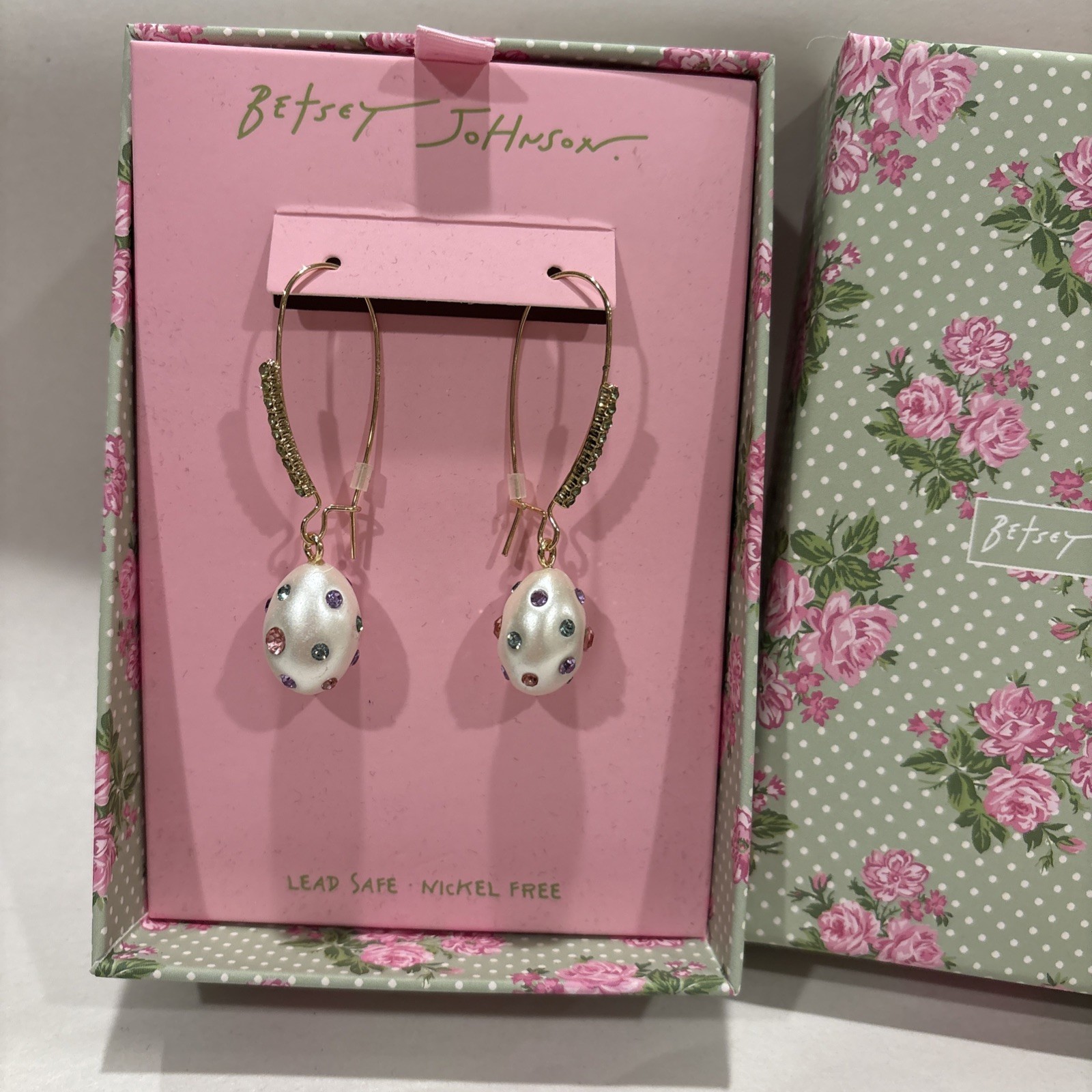 Betsey Johnson Pearlescent Spring Easter Egg Drop Earrings,NEW IN BOX