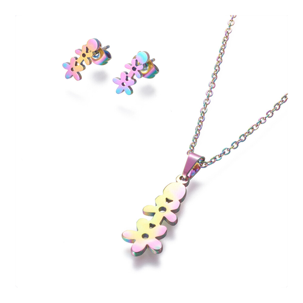 Stainless Steel Set Stud Earring Pendant Necklace Flower 17.7″ Pin 0.8mm P484
