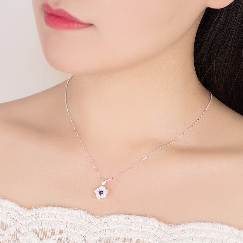 2 Pack Set Luxury Pink Purple Blossom Flower CZ Pendant Necklace for Women