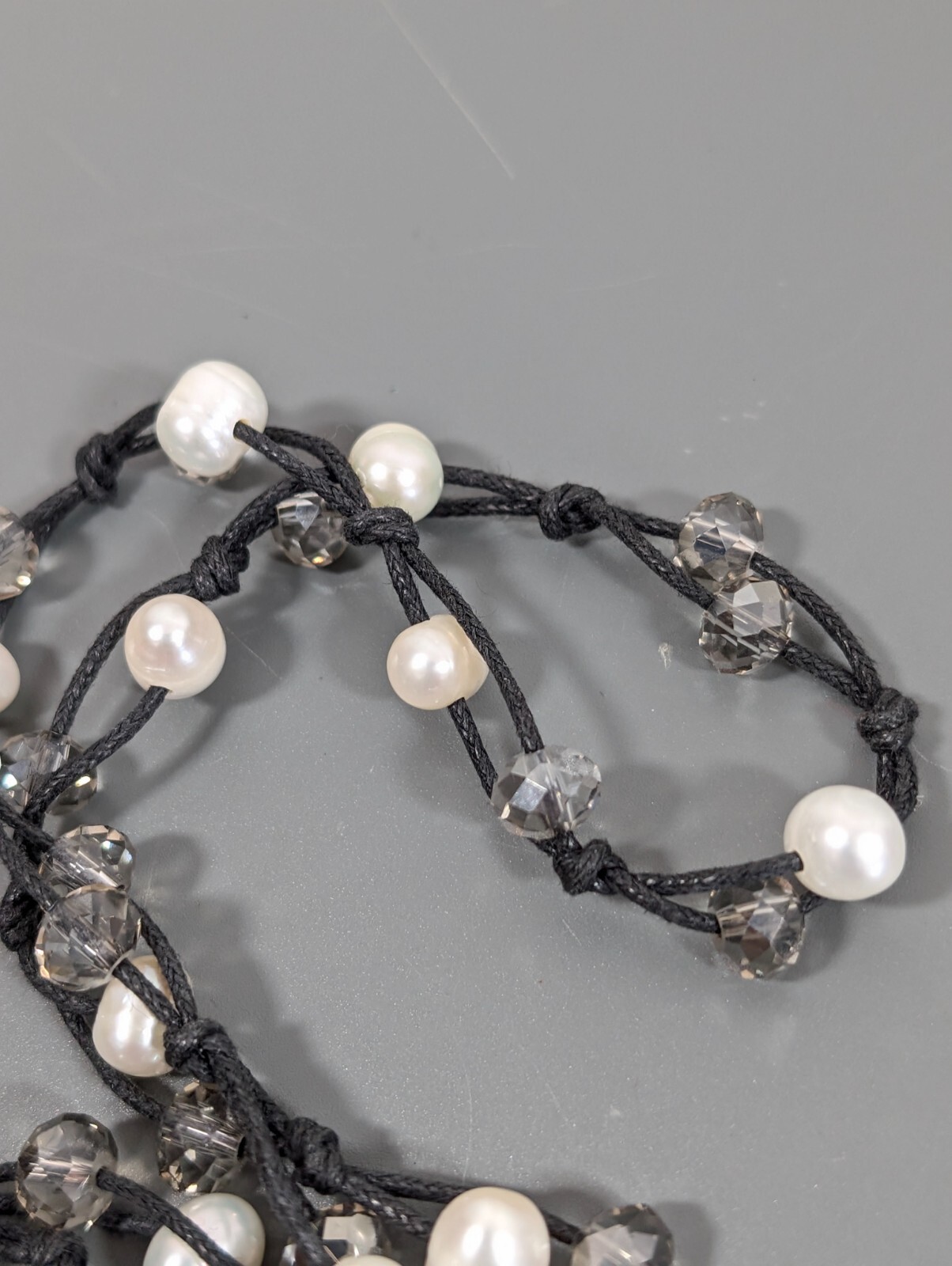 Boho BEachy Black Cord White Pearl Gray Glass Bead Layering Long Necklace 52 in