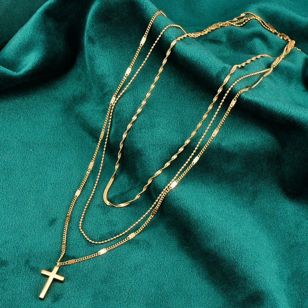 Woman Gold Plated Stainless Steel Triple Layers Cross Rolo link Chain