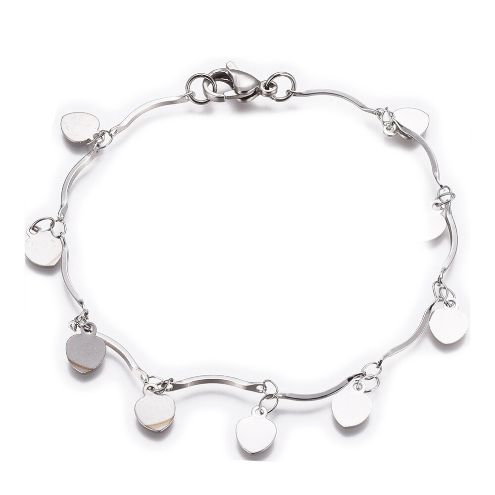 Stainless Steel Heart Charm Bracelet Bar Bracelet Lobster Silver 7.6″ Z86