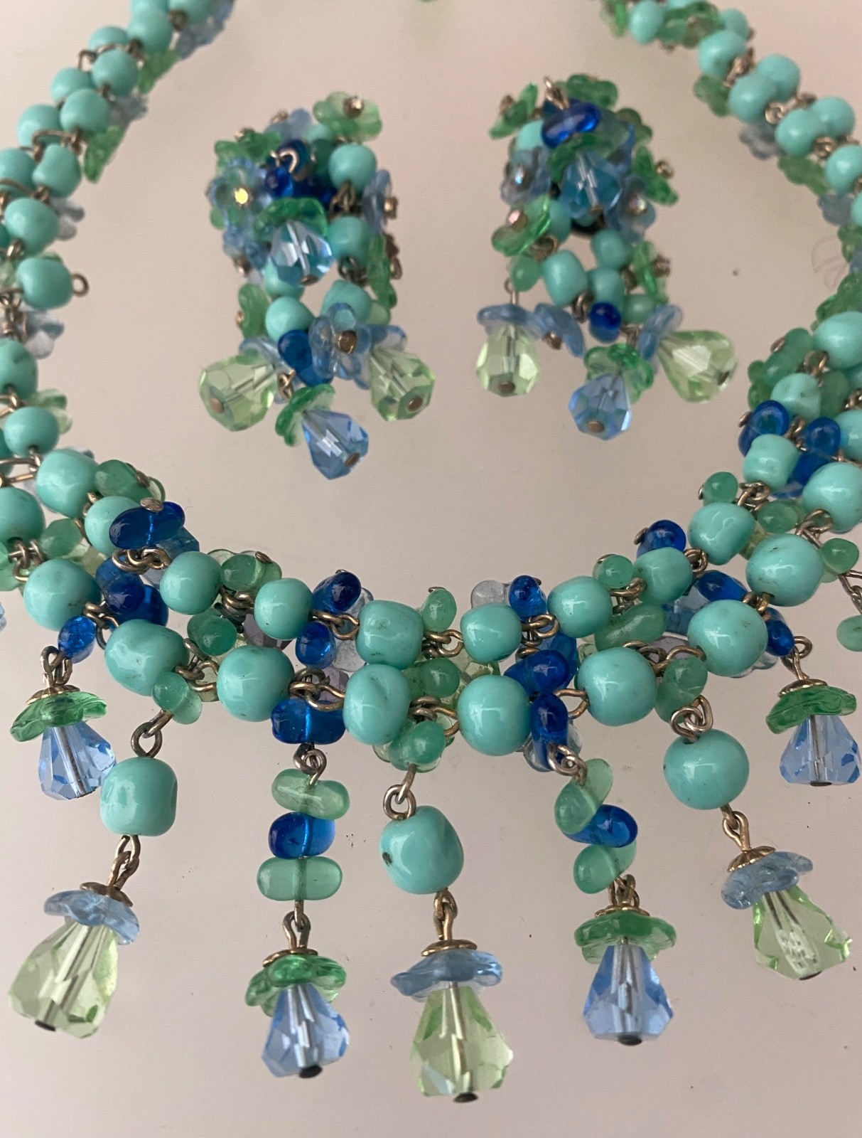 Vintage Mid Century Blue Green Glass Floral Necklace and Earrings Set Germany