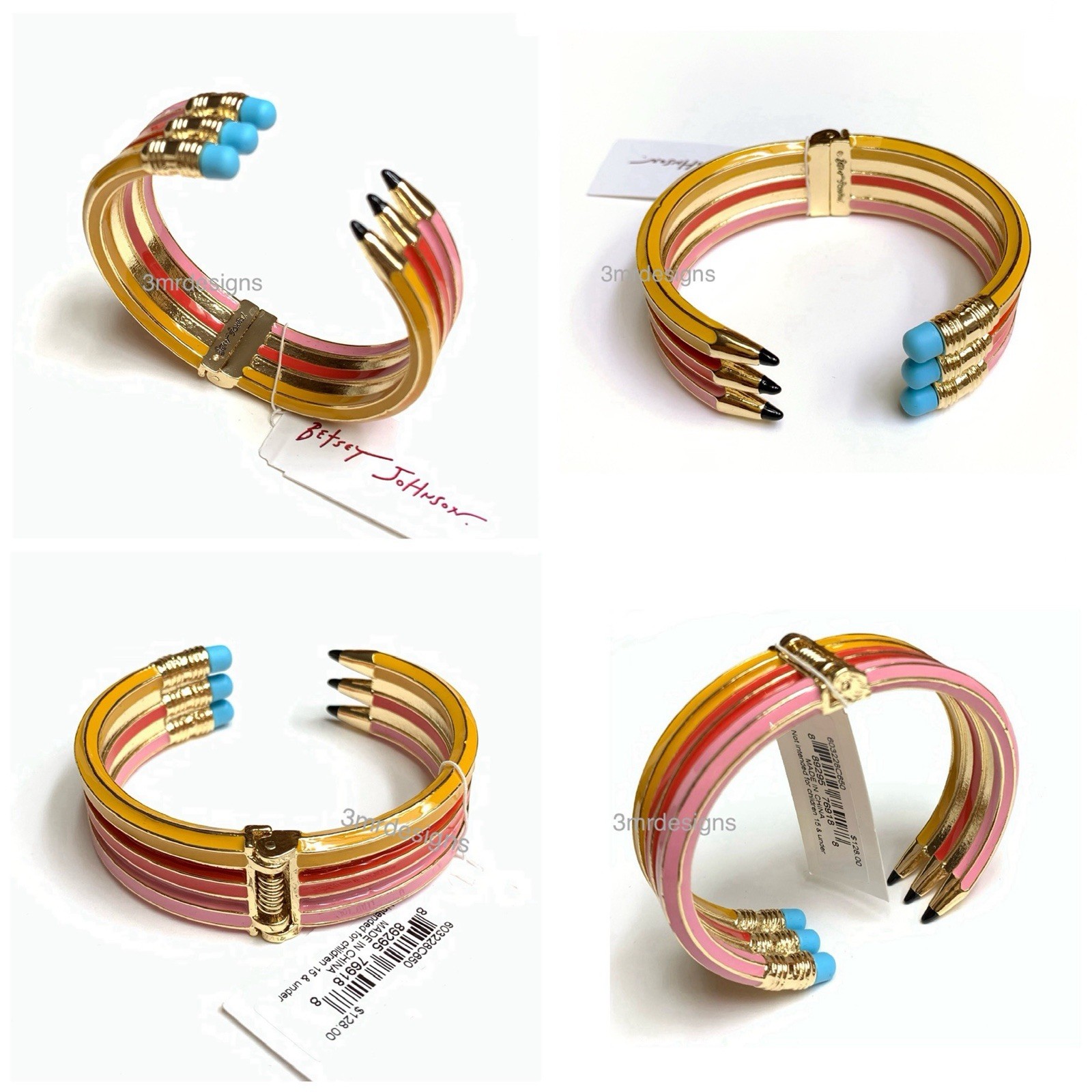 NWT Betsey Johnson TRIPLE PENCILS Gold Tone Colorful Enamel Bold Hinge Bracelet